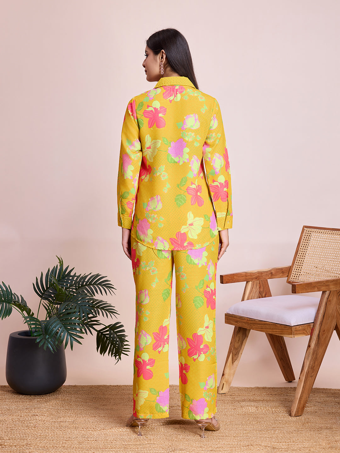 Bright Yellow Floral Print Rayon Slub Co-ord Set for Women