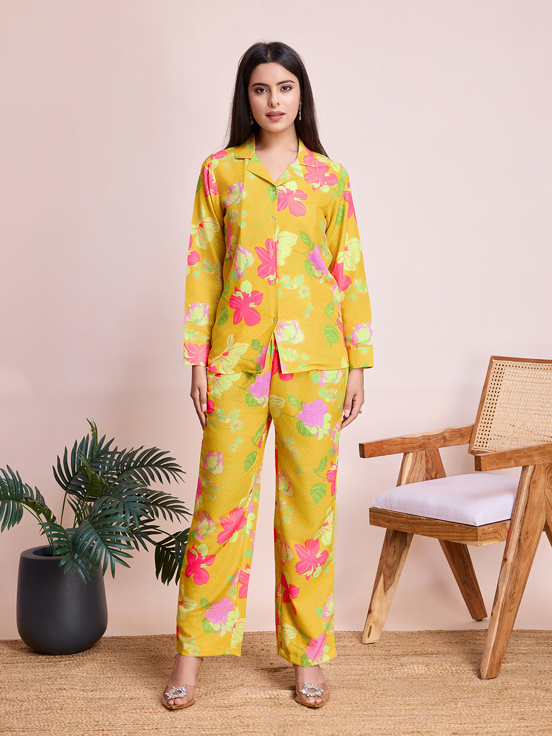 Bright Yellow Floral Print Rayon Slub Co-ord Set for Women