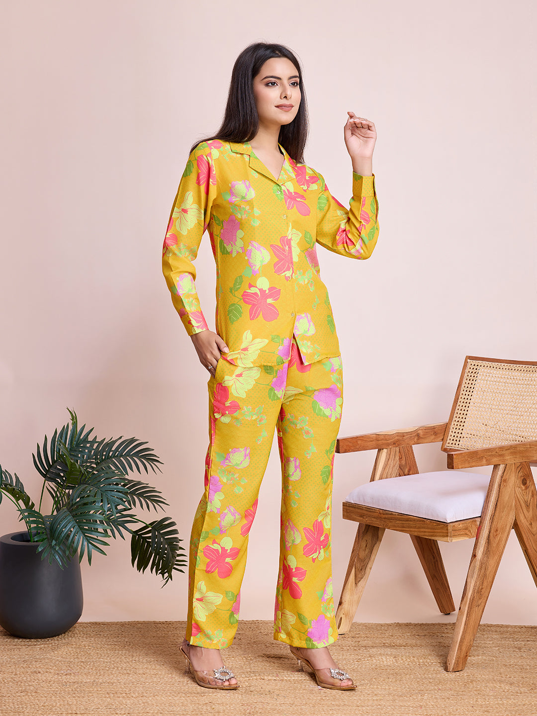 Bright Yellow Floral Print Rayon Slub Co-ord Set for Women
