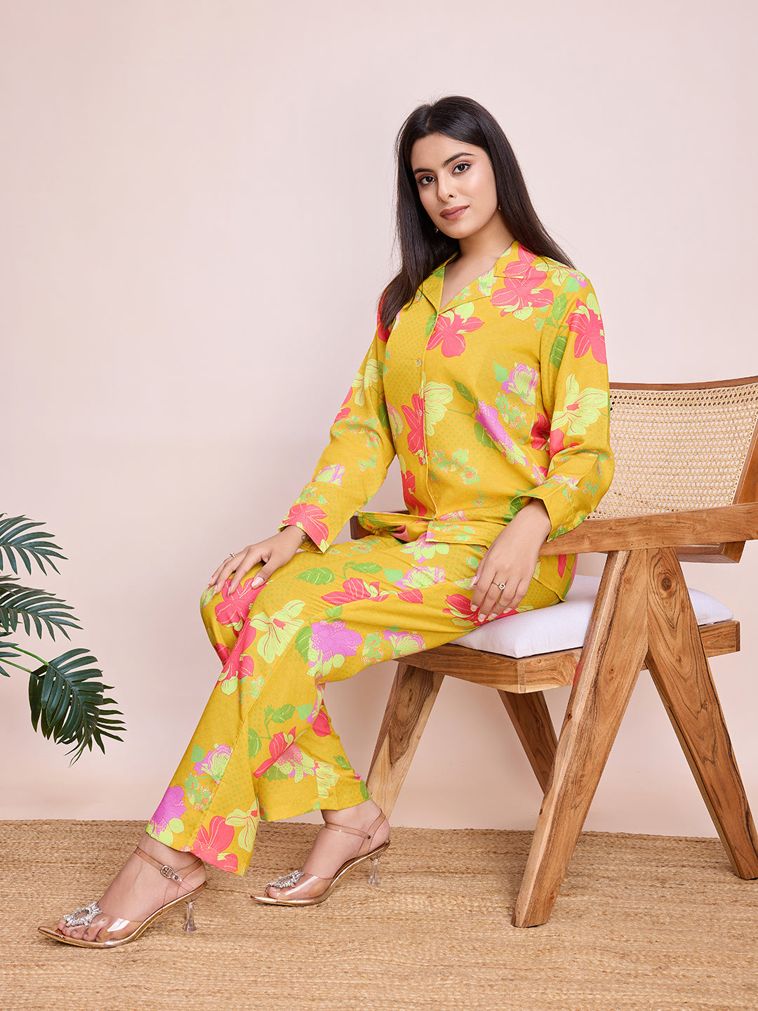 Bright Yellow Floral Print Rayon Slub Co-ord Set for Women