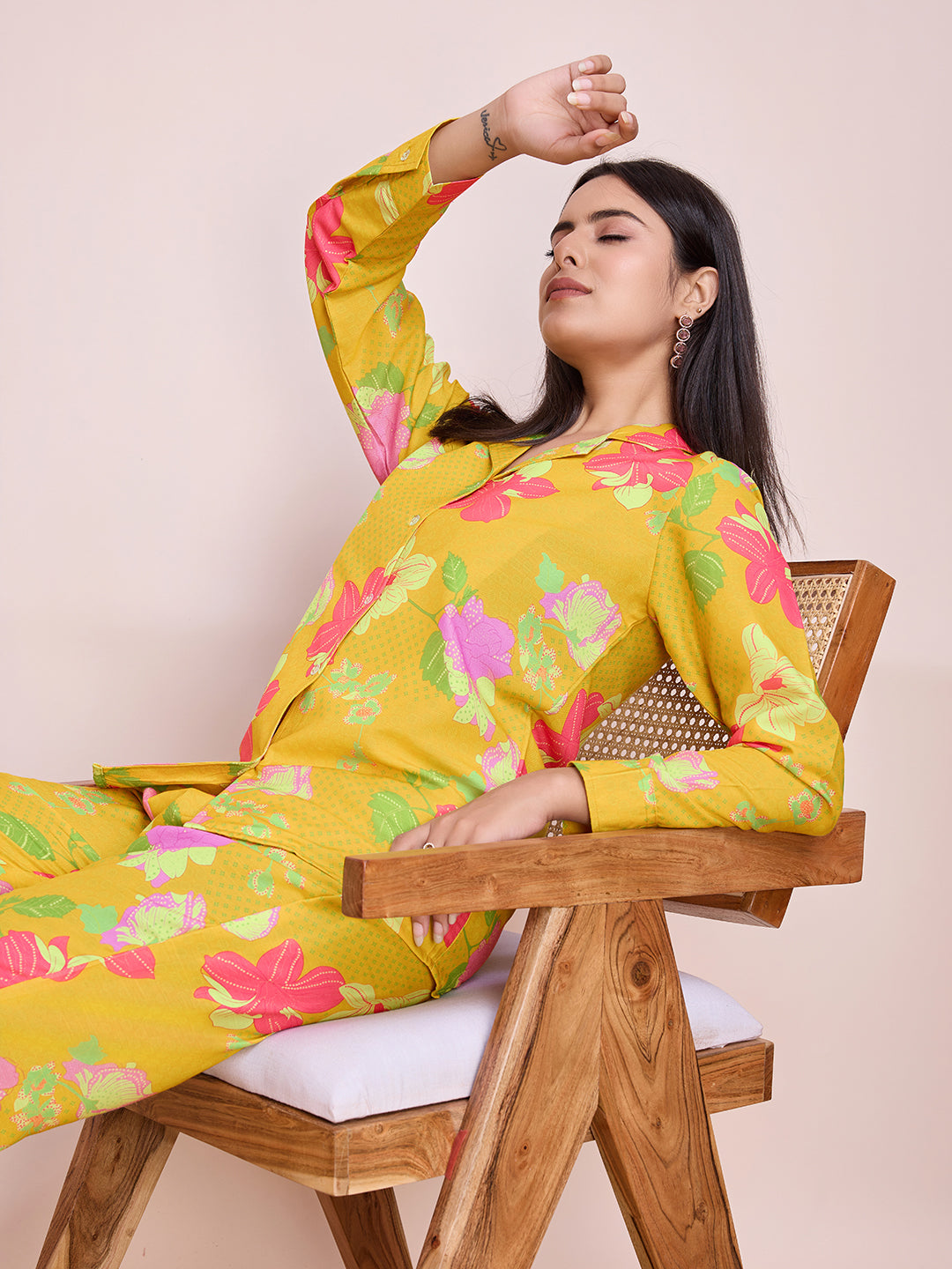 Bright Yellow Floral Print Rayon Slub Co-ord Set for Women
