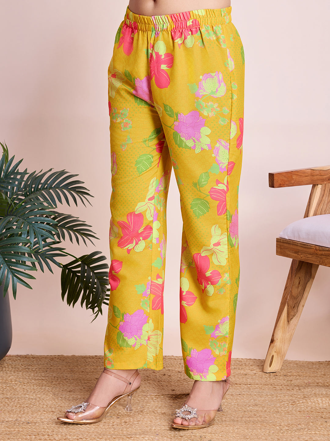 Bright Yellow Floral Print Rayon Slub Co-ord Set for Women