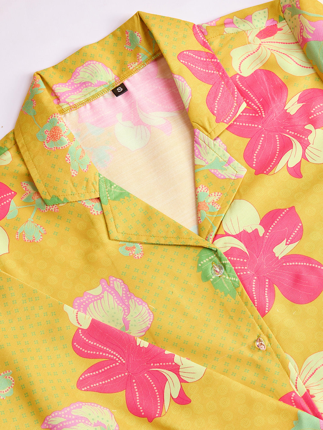 Bright Yellow Floral Print Rayon Slub Co-ord Set for Women