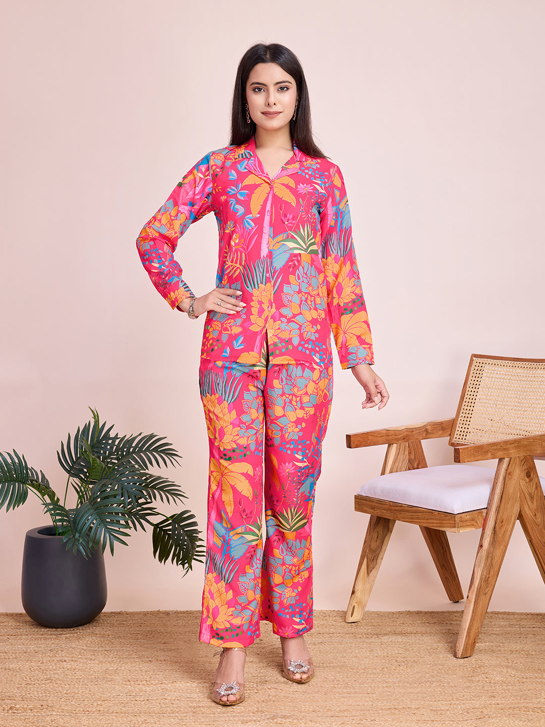 Tropical Paradise Multicolor Printed Rayon Slub Co-ord Set for Women