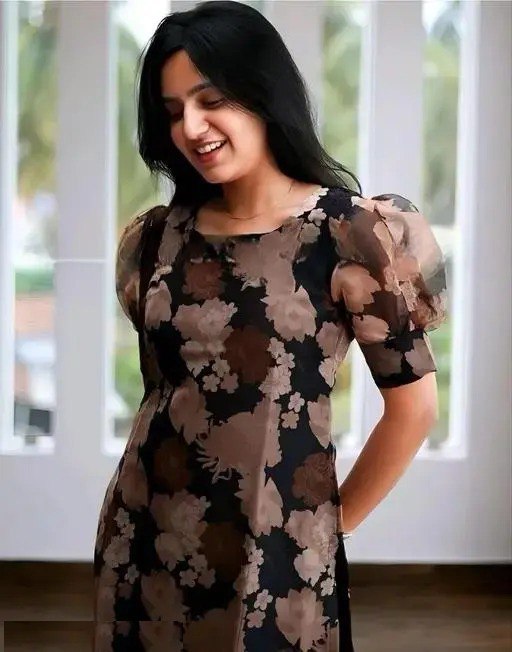 Elegent Black & Brown Floral Printed Sheer Kurti – Puff Sleeve Straight Fit Tunic for Casual,daily & Office Wear