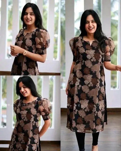 Elegent Black & Brown Floral Printed Sheer Kurti – Puff Sleeve Straight Fit Tunic for Casual,daily & Office Wear