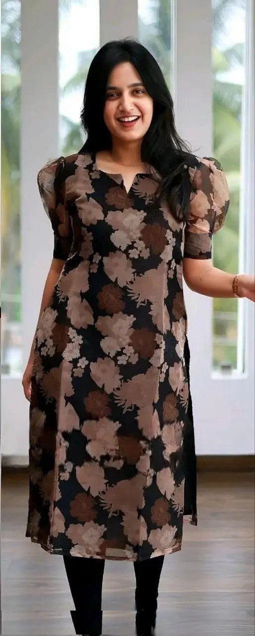 Elegent Black & Brown Floral Printed Sheer Kurti – Puff Sleeve Straight Fit Tunic for Casual,daily & Office Wear