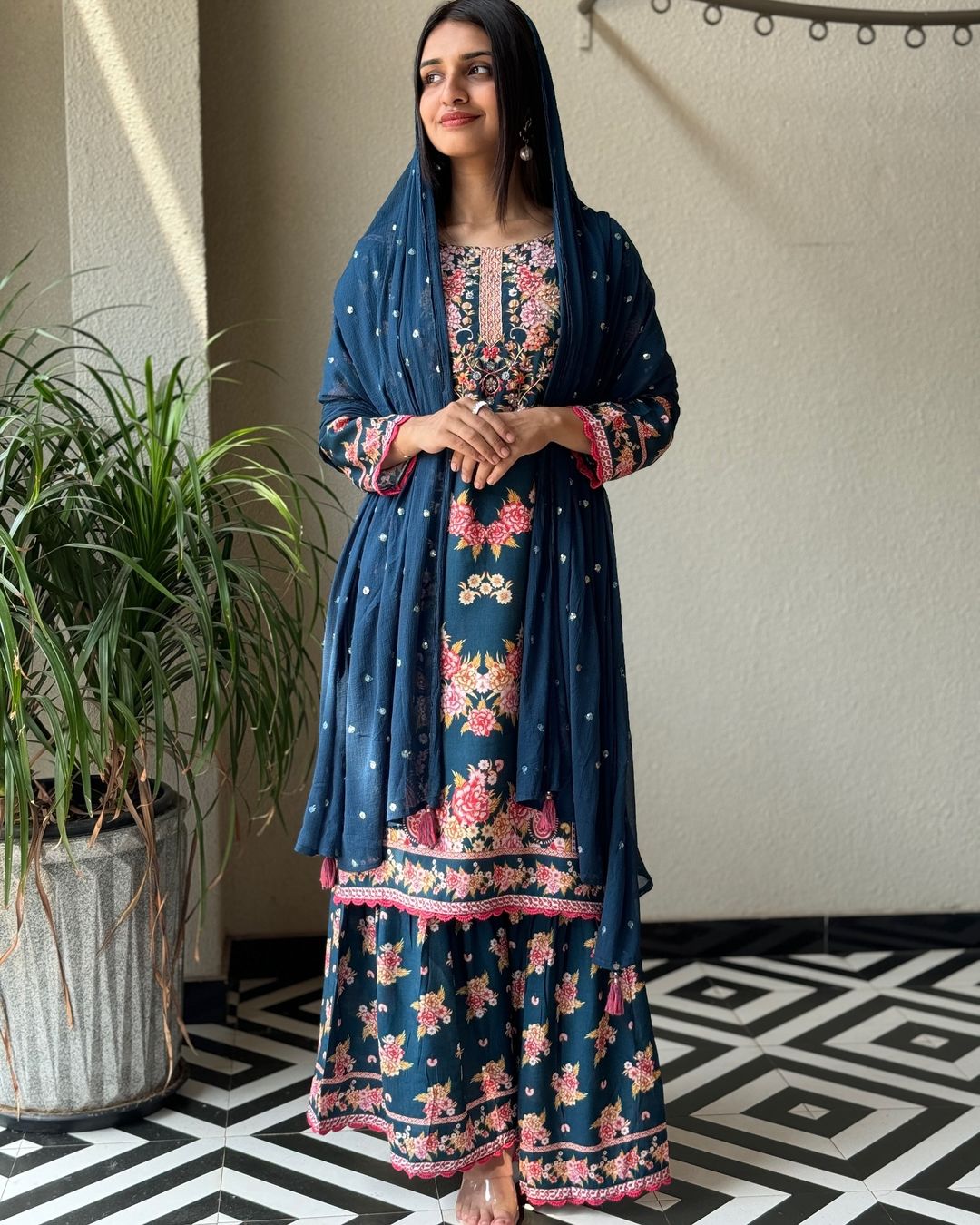 Floral Navy Blue Printed Reyon Suit Set with Embroidered Dupatta – Fully Stitched