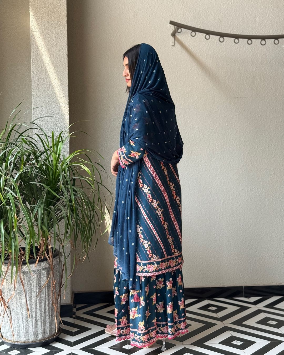 Floral Navy Blue Printed Reyon Suit Set with Embroidered Dupatta – Fully Stitched