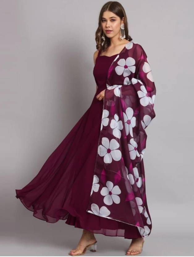 💃🏻"Elegant Maroon Anarkali Gown with Floral Dupatta – Perfect for Festive & Party Wear"💃🏻
