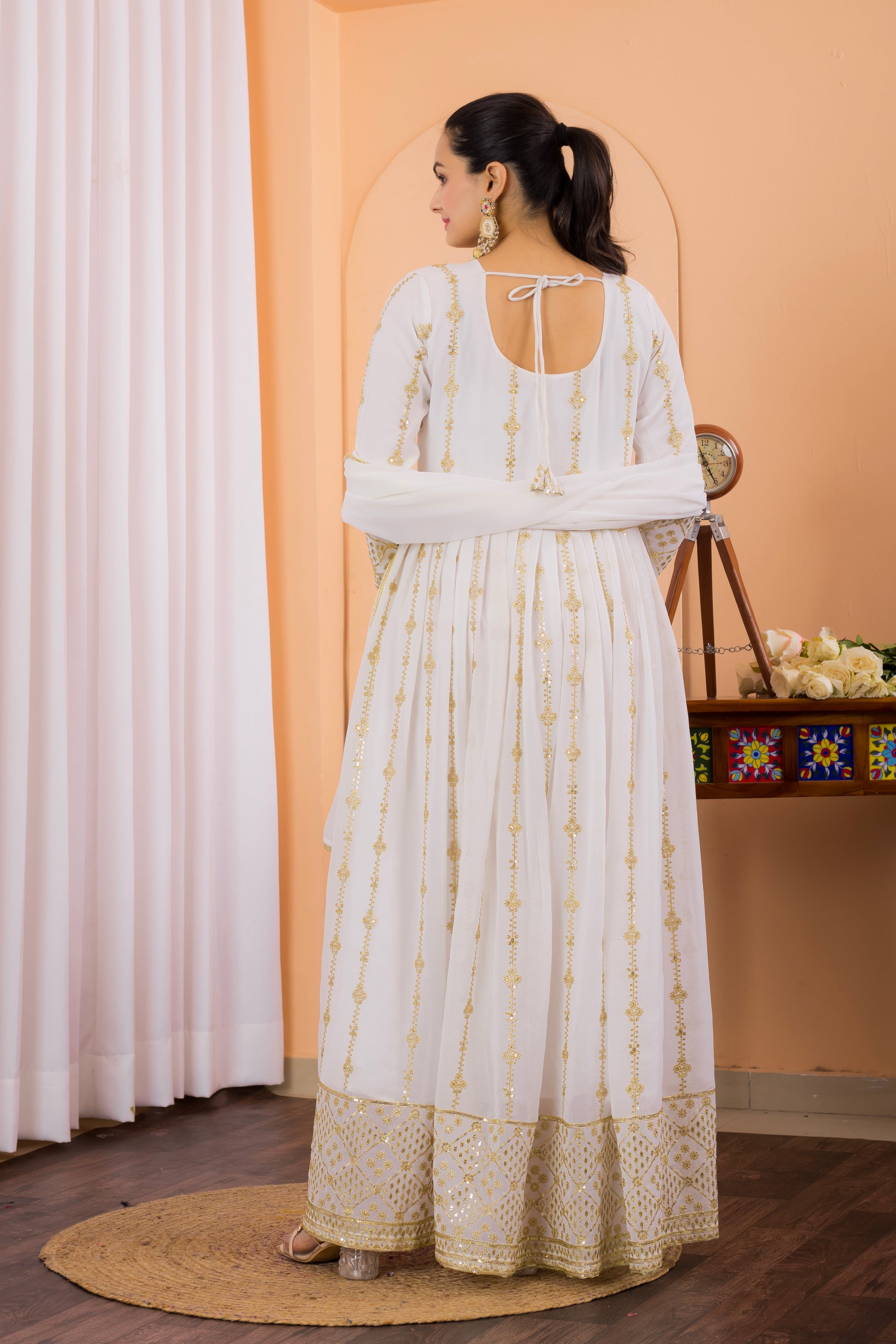 Elegant White Embroidered Fox Georgette Anarkali Suit with Lace Dupatta