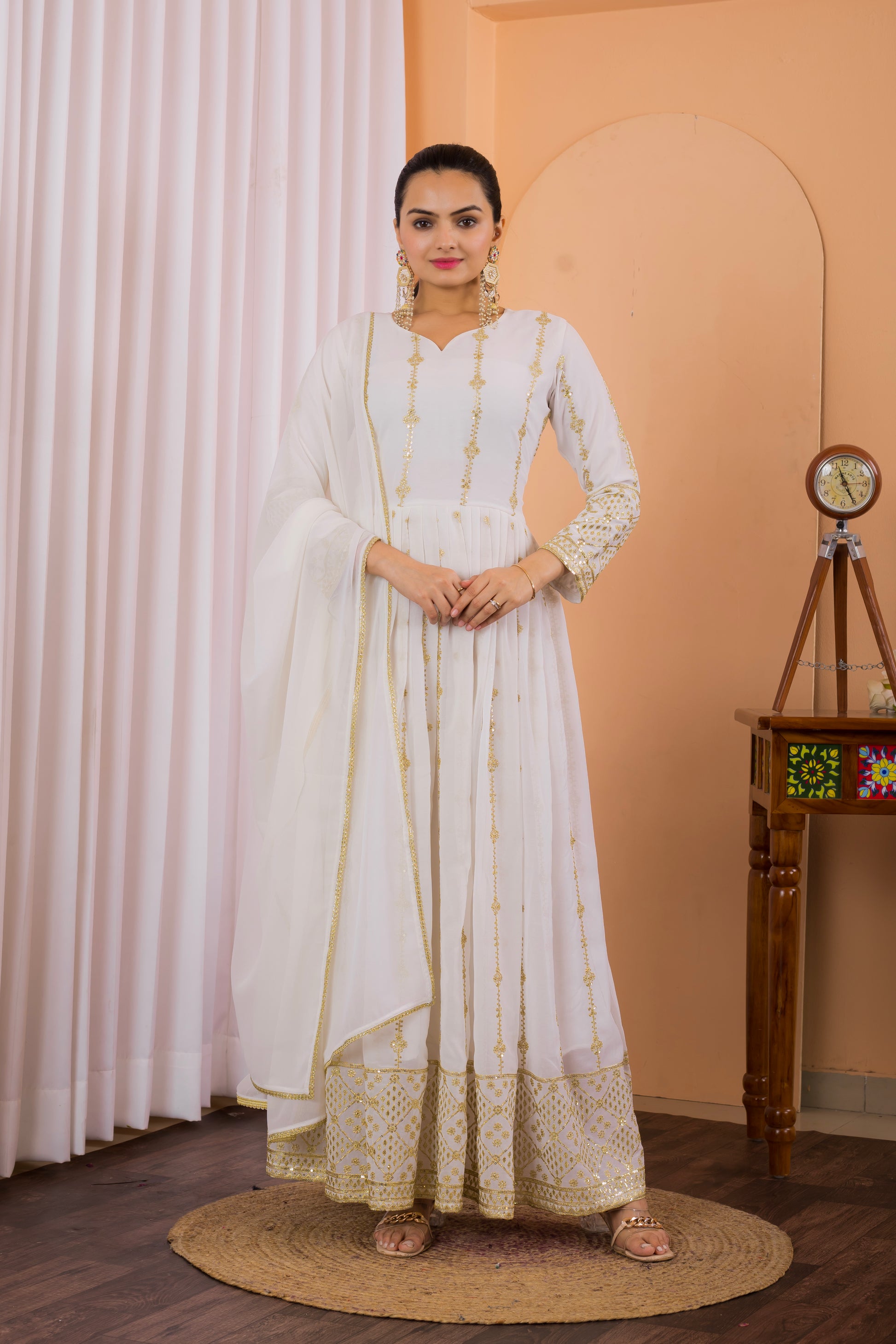 Elegant White Embroidered Fox Georgette Anarkali Suit with Lace Dupatta