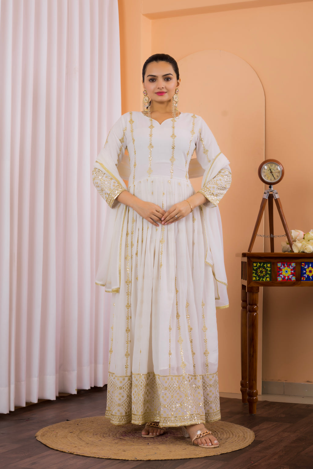 Elegant White Embroidered Fox Georgette Anarkali Suit with Lace Dupatta