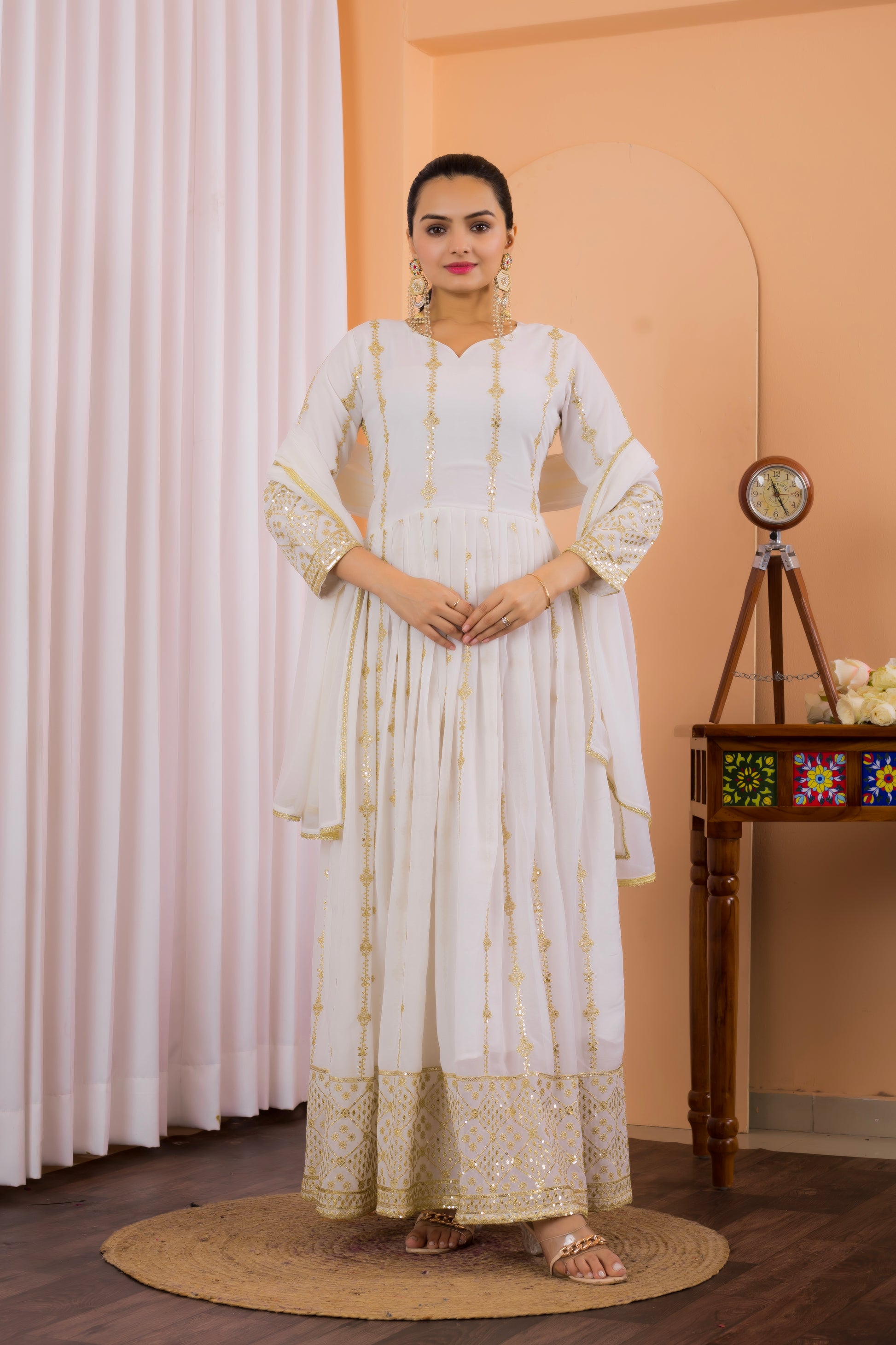 Elegant White Embroidered Fox Georgette Anarkali Suit with Lace Dupatta