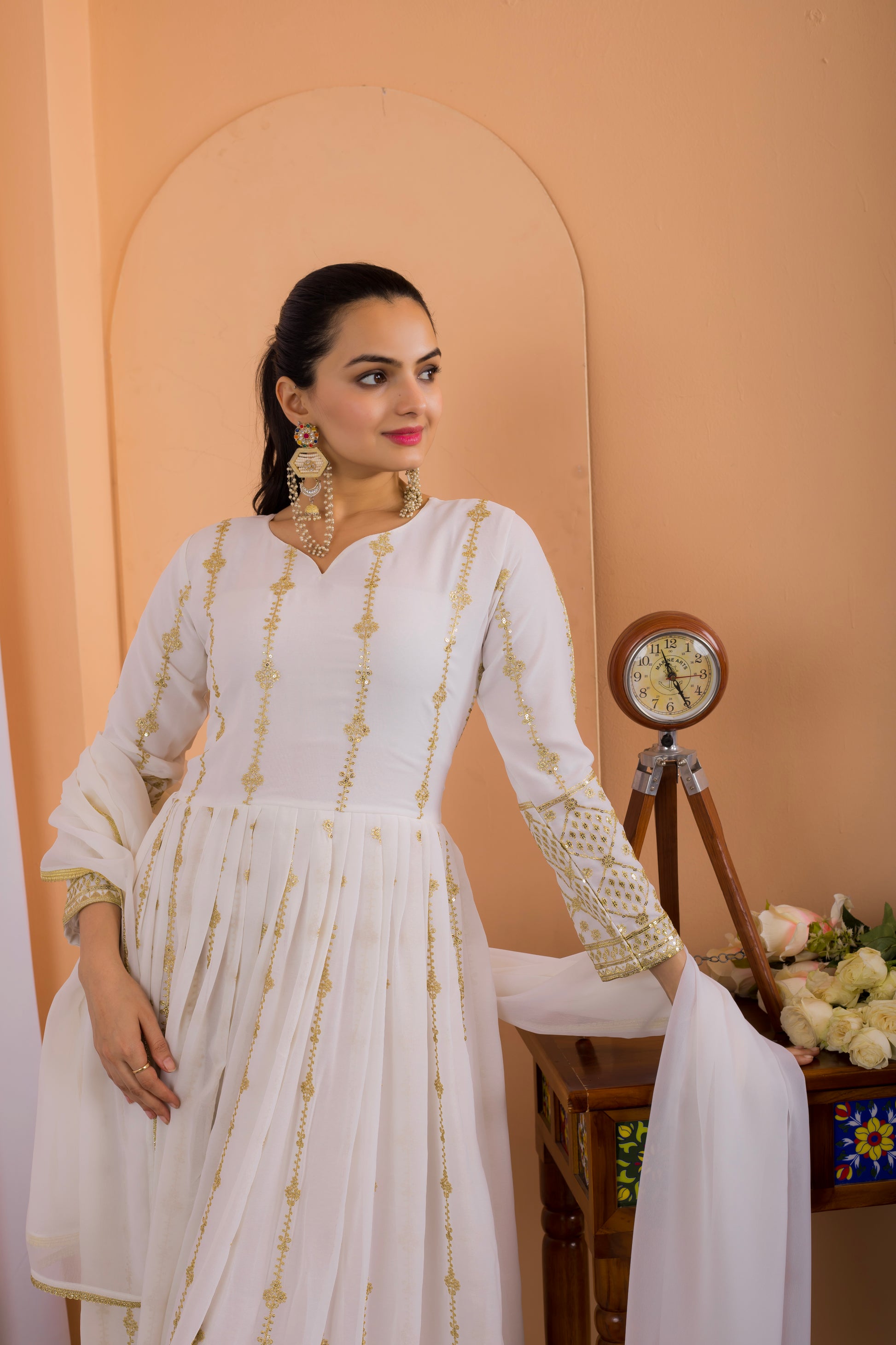 Elegant White Embroidered Fox Georgette Anarkali Suit with Lace Dupatta