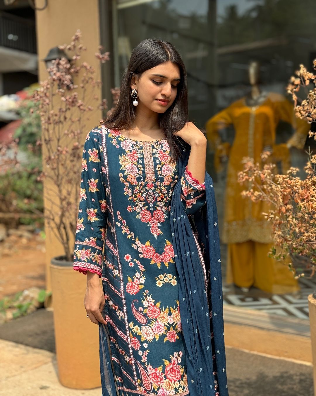 Floral Navy Blue Printed Reyon Suit Set with Embroidered Dupatta – Fully Stitched