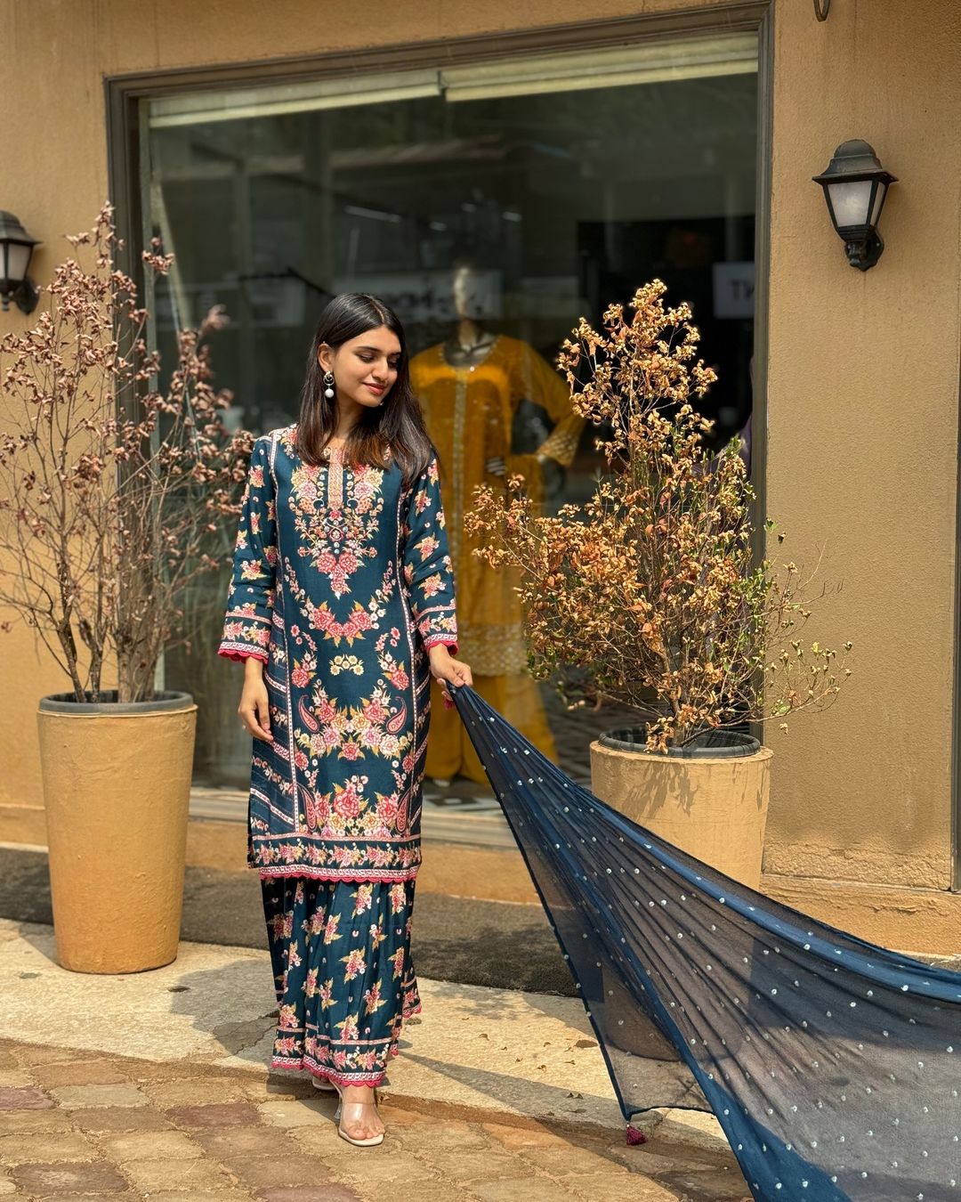 Floral Navy Blue Printed Reyon Suit Set with Embroidered Dupatta – Fully Stitched