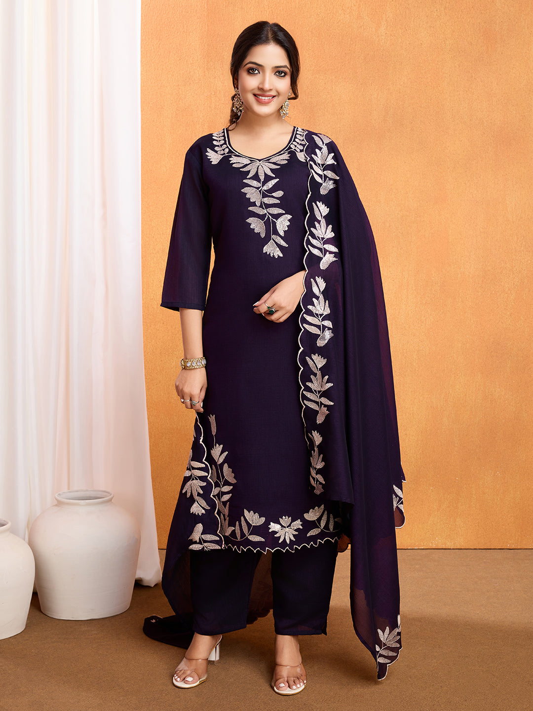 💫 Elegant Navy Blue Vichitra Embroidered Kurti Set