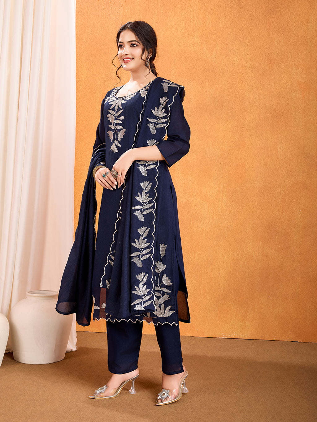 💫 Elegant Navy Blue Vichitra Embroidered Kurti Set
