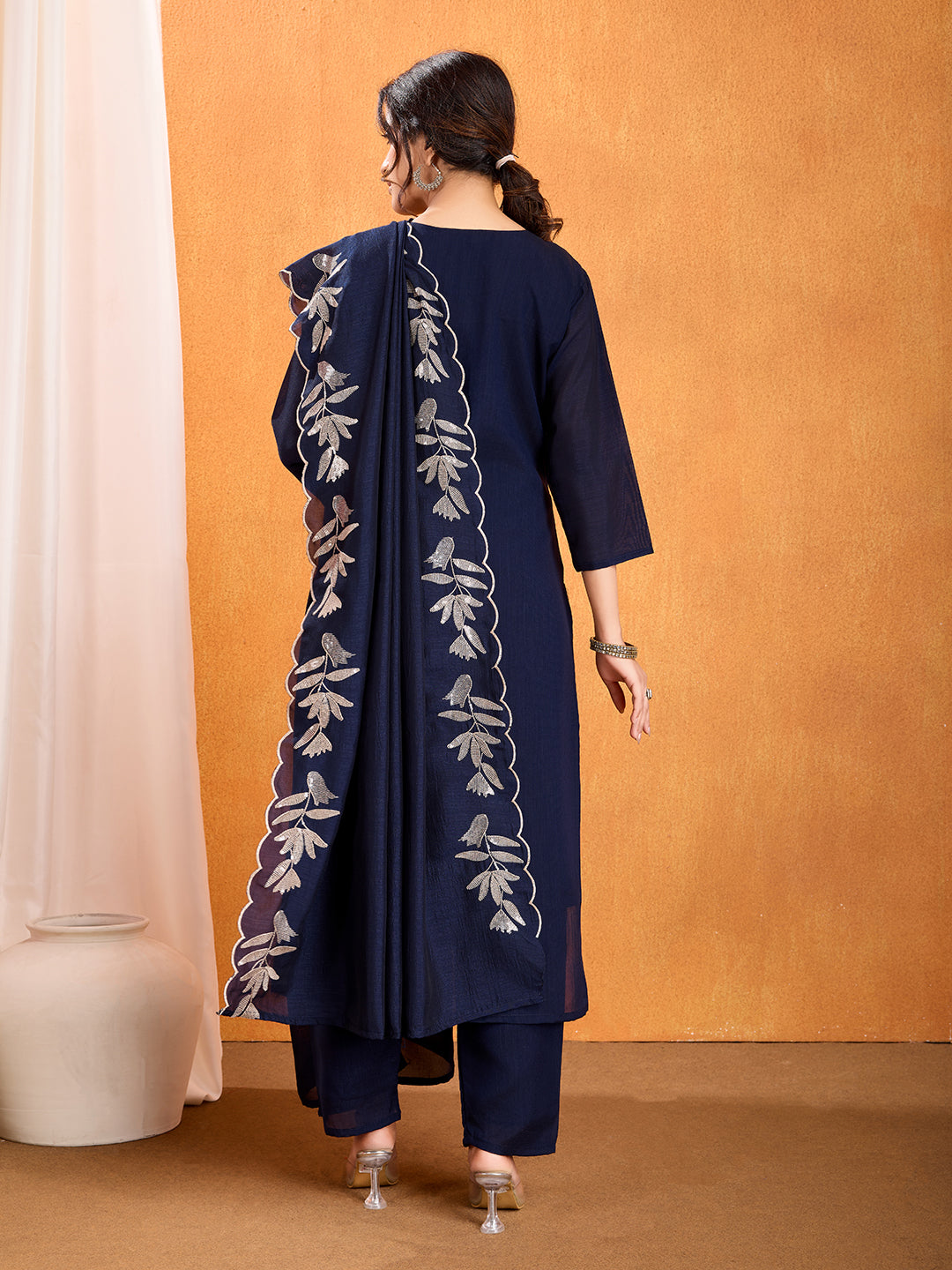 💫 Elegant Navy Blue Vichitra Embroidered Kurti Set