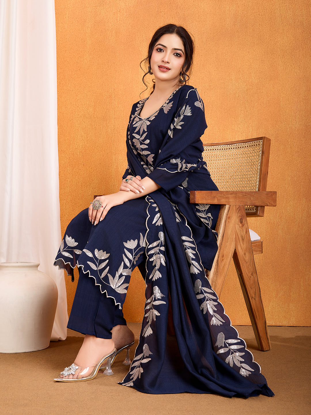 💫 Elegant Navy Blue Vichitra Embroidered Kurti Set