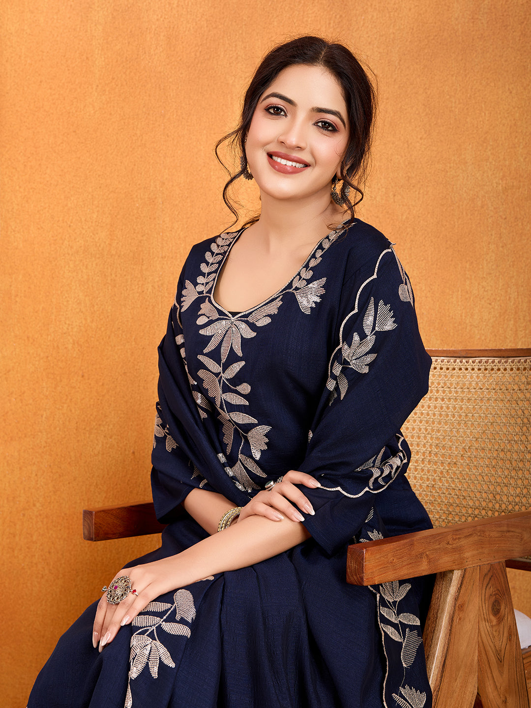 💫 Elegant Navy Blue Vichitra Embroidered Kurti Set