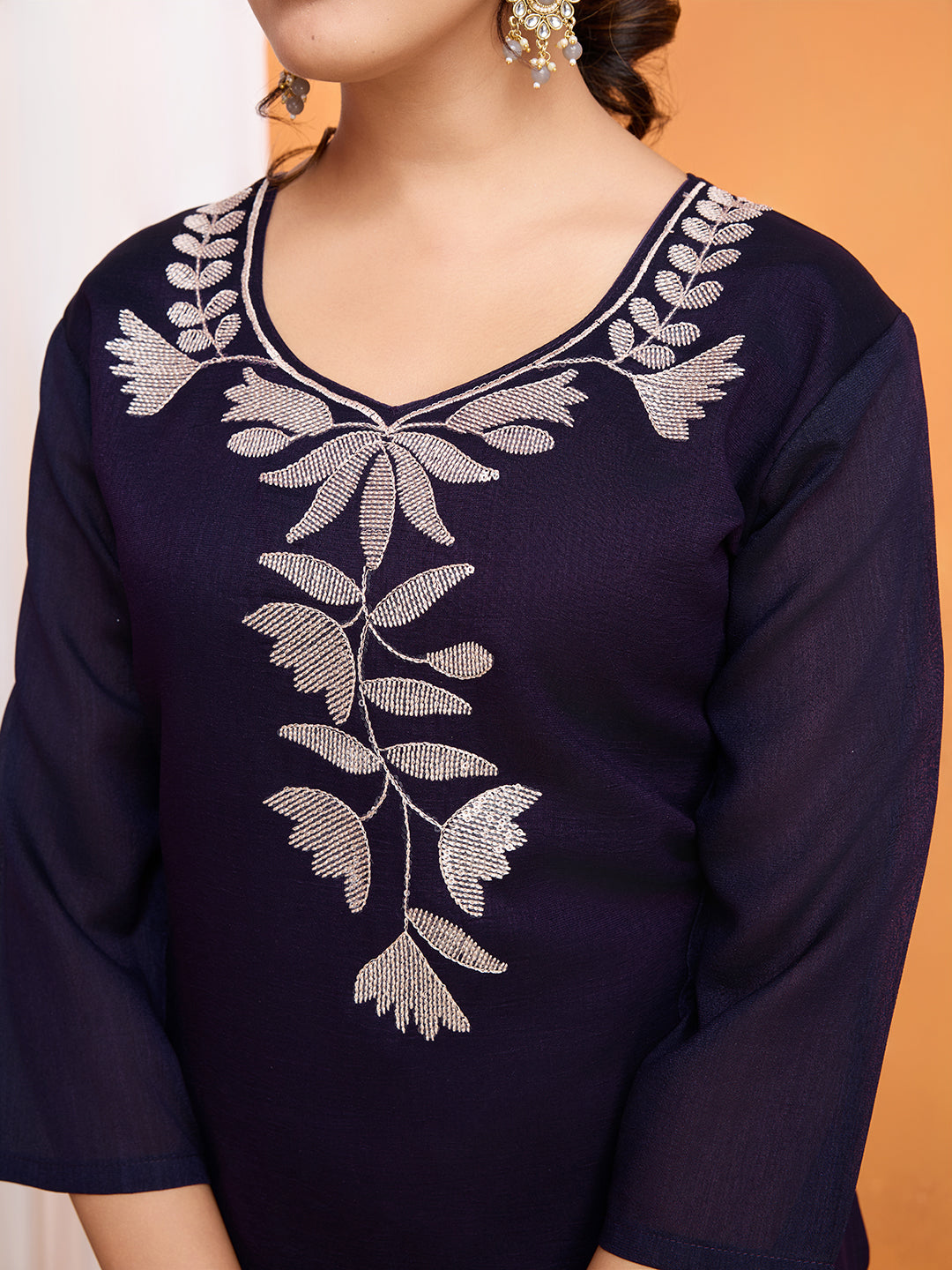 💫 Elegant Navy Blue Vichitra Embroidered Kurti Set