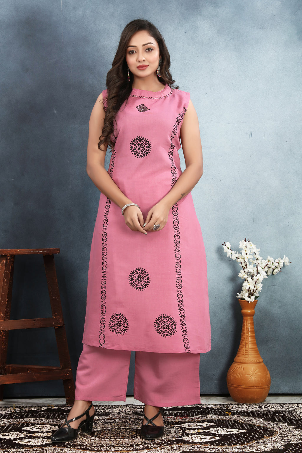 Roman Silk Sleeveless Kurti Set with Block Print & Sequin Detailing