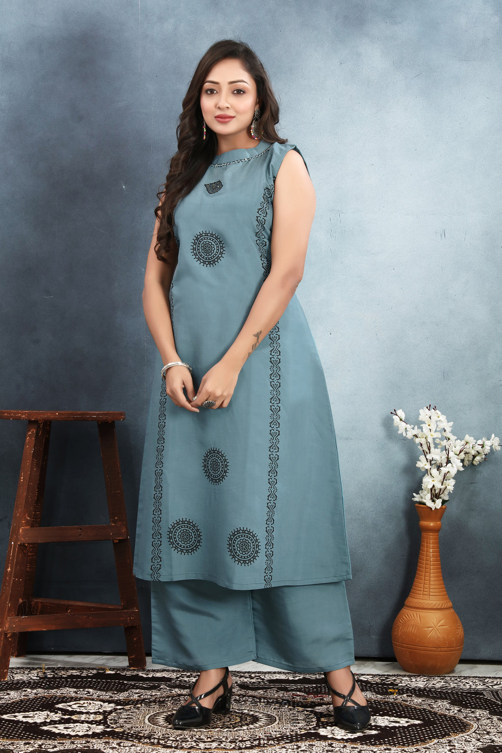Roman Silk Sleeveless Kurti Set with Block Print & Sequin Detailing