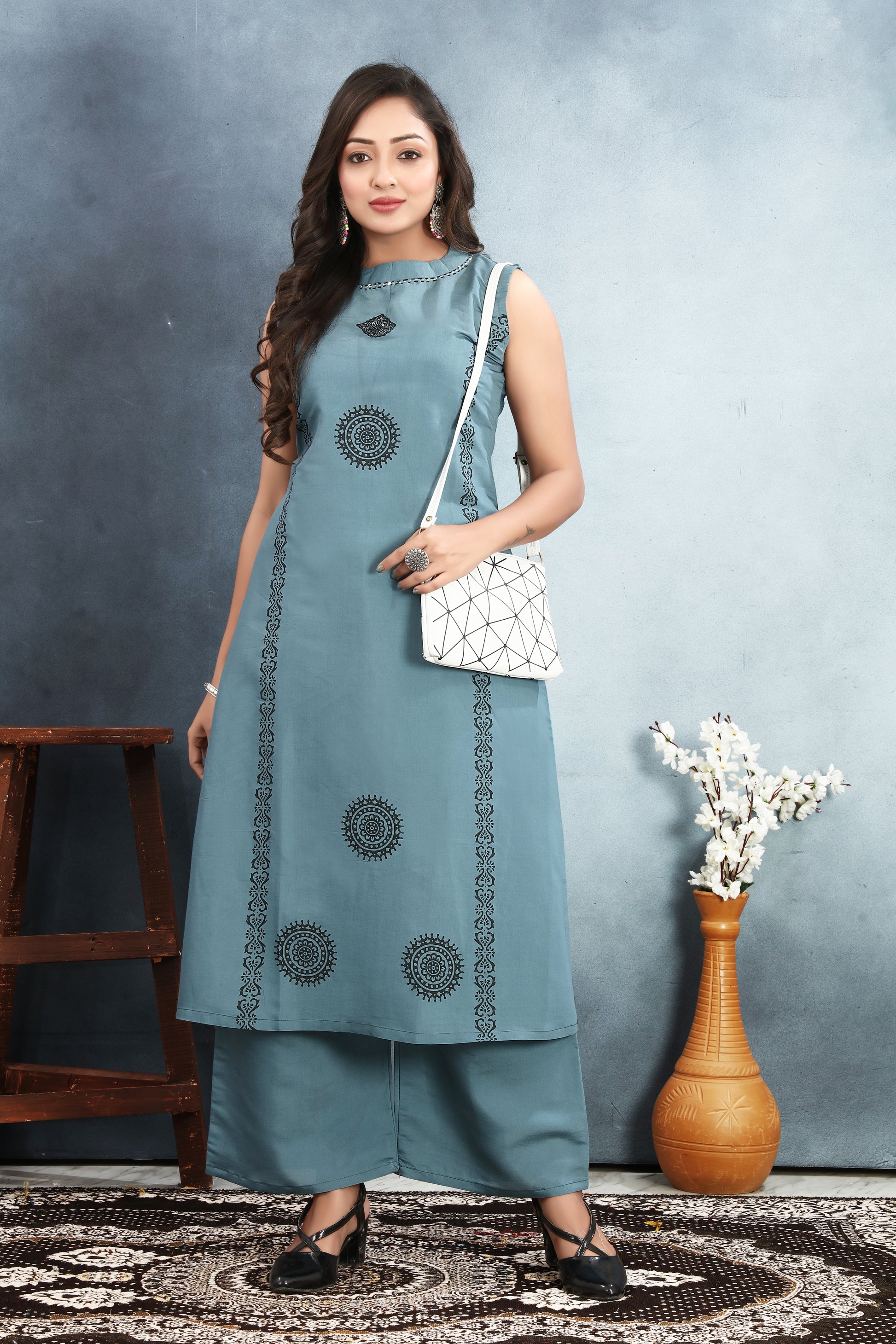 Roman Silk Sleeveless Kurti Set with Block Print & Sequin Detailing