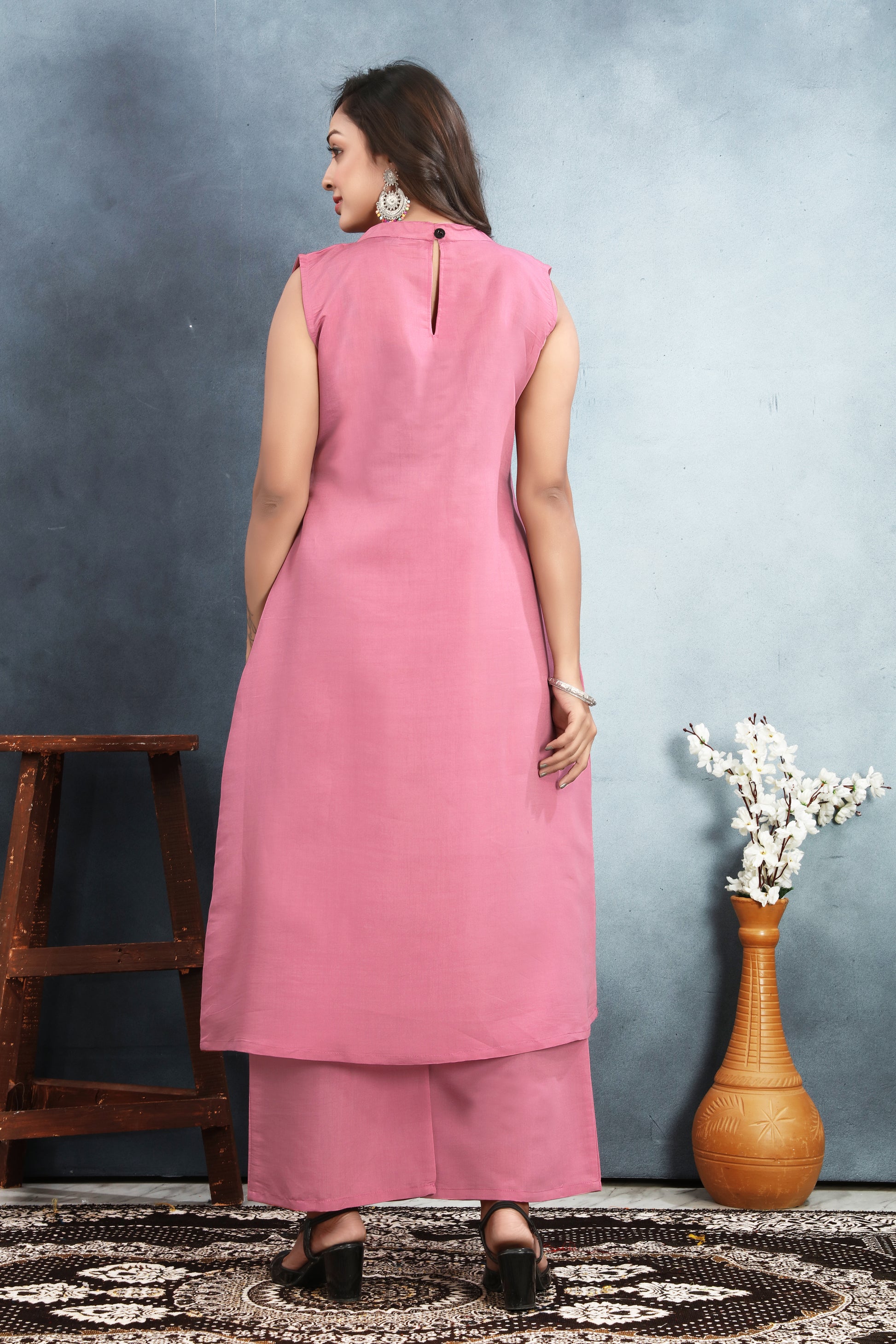 Roman Silk Sleeveless Kurti Set with Block Print & Sequin Detailing