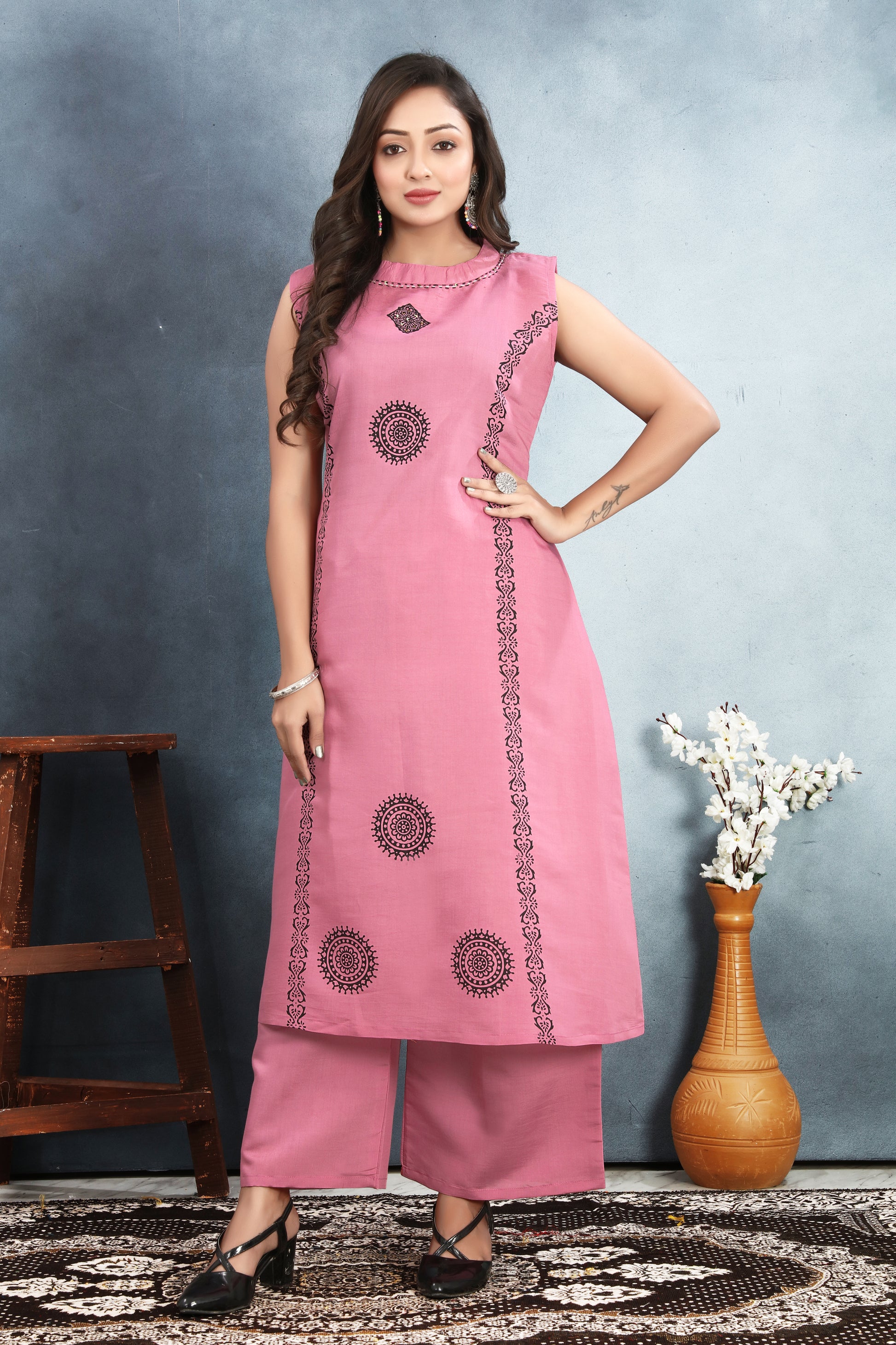 Roman Silk Sleeveless Kurti Set with Block Print & Sequin Detailing