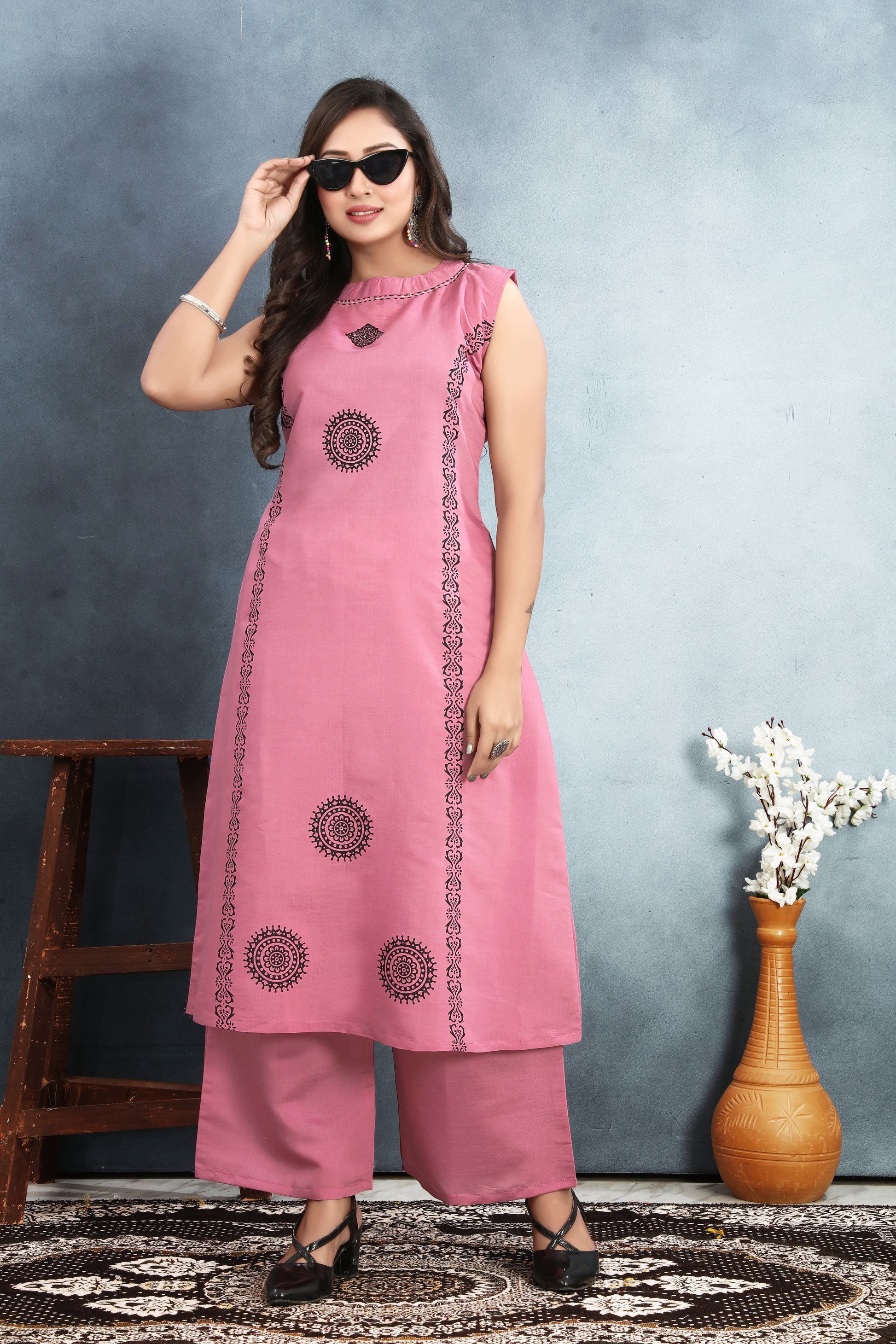 Roman Silk Sleeveless Kurti Set with Block Print & Sequin Detailing