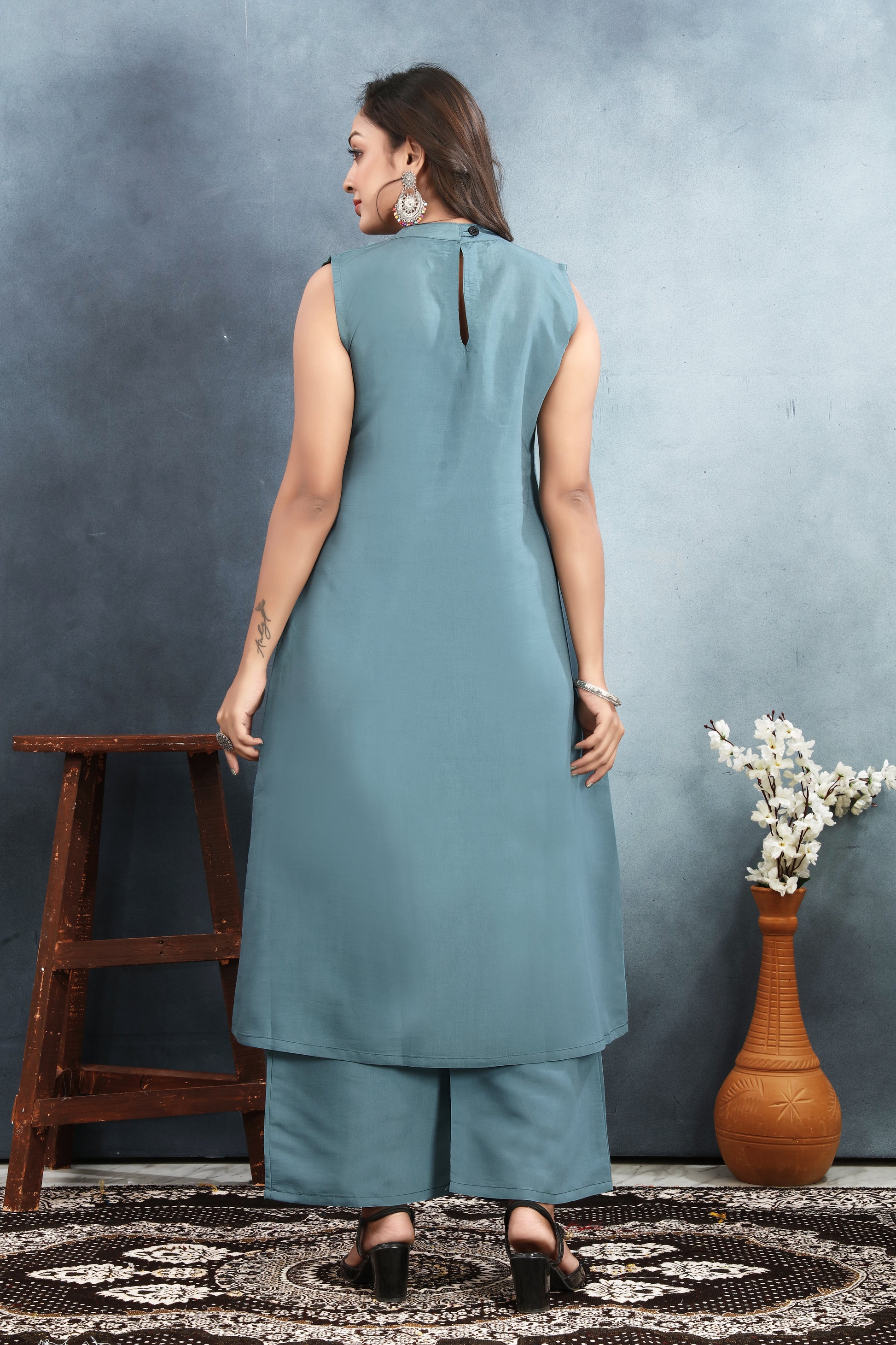Roman Silk Sleeveless Kurti Set with Block Print & Sequin Detailing