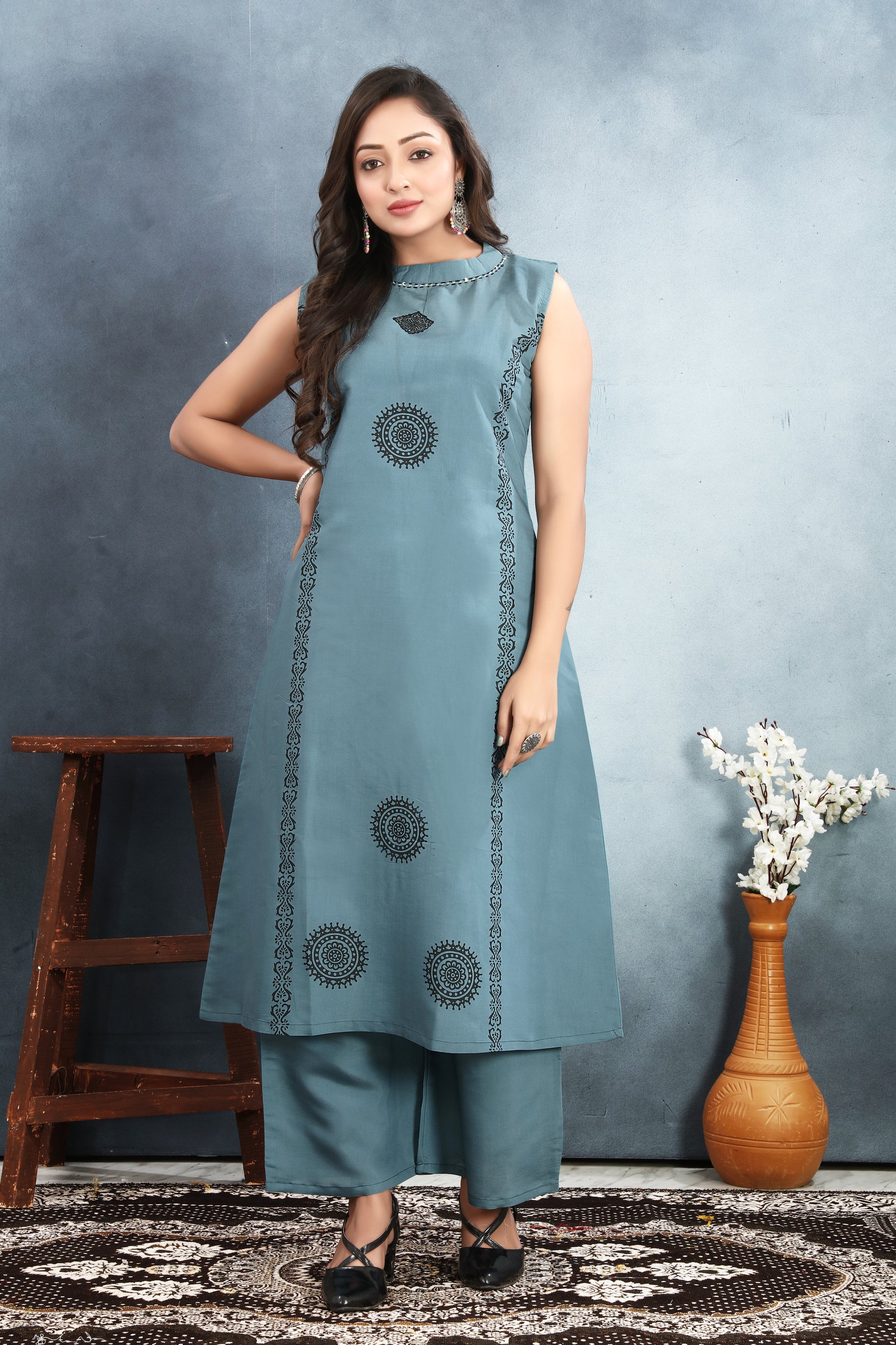 Roman Silk Sleeveless Kurti Set with Block Print & Sequin Detailing