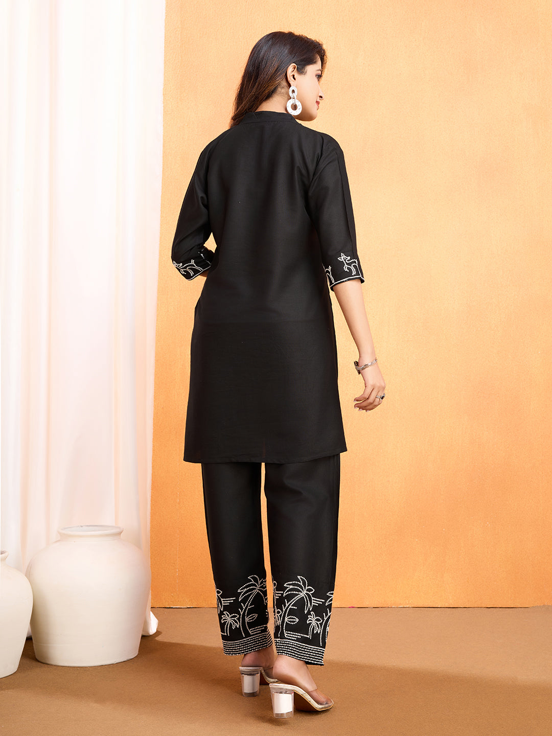 Black Viscose Rayon Embroidered Co-Ord Set with Palm & Deer Motif