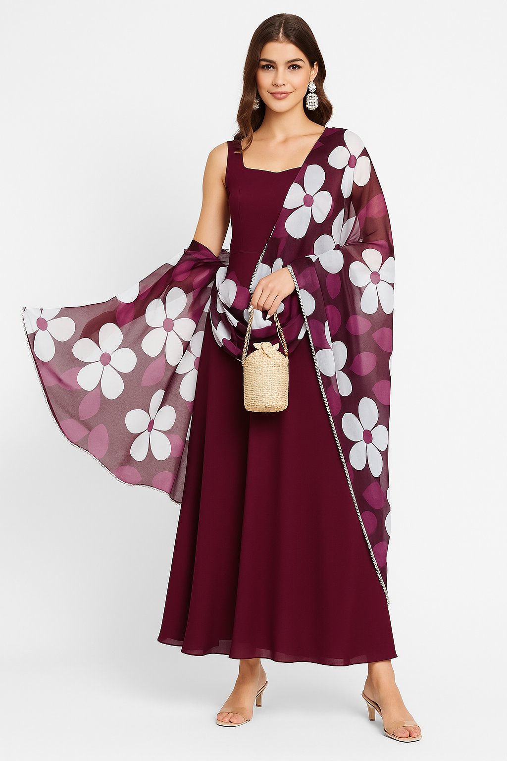 💃🏻"Elegant Maroon Anarkali Gown with Floral Dupatta – Perfect for Festive & Party Wear"💃🏻
