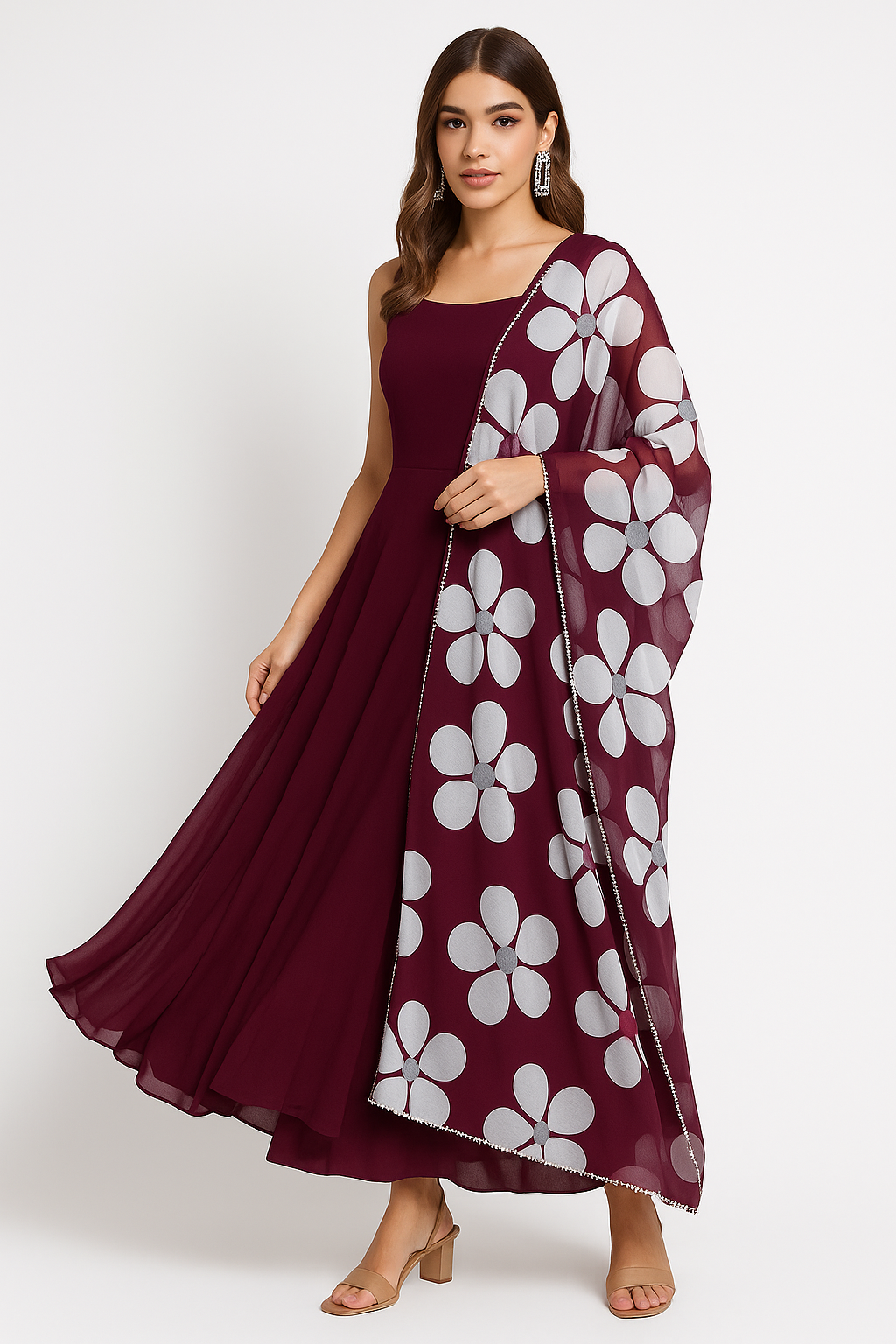 💃🏻"Elegant Maroon Anarkali Gown with Floral Dupatta – Perfect for Festive & Party Wear"💃🏻