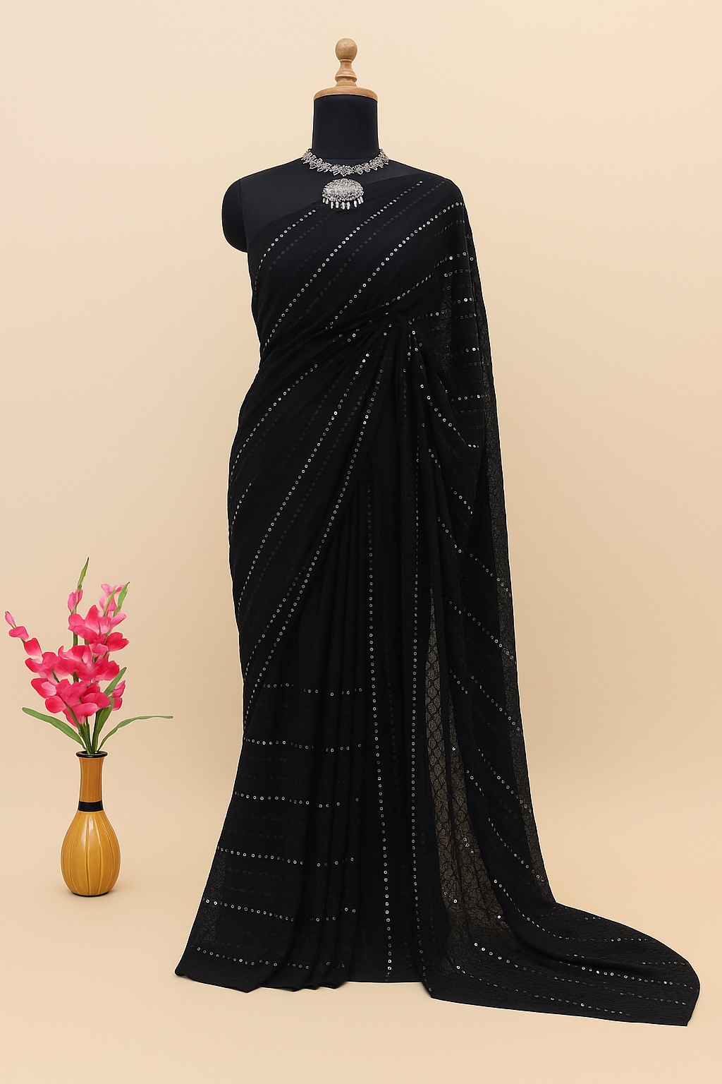 Classic Black Georgette Sequin Saree with Blouse Piece