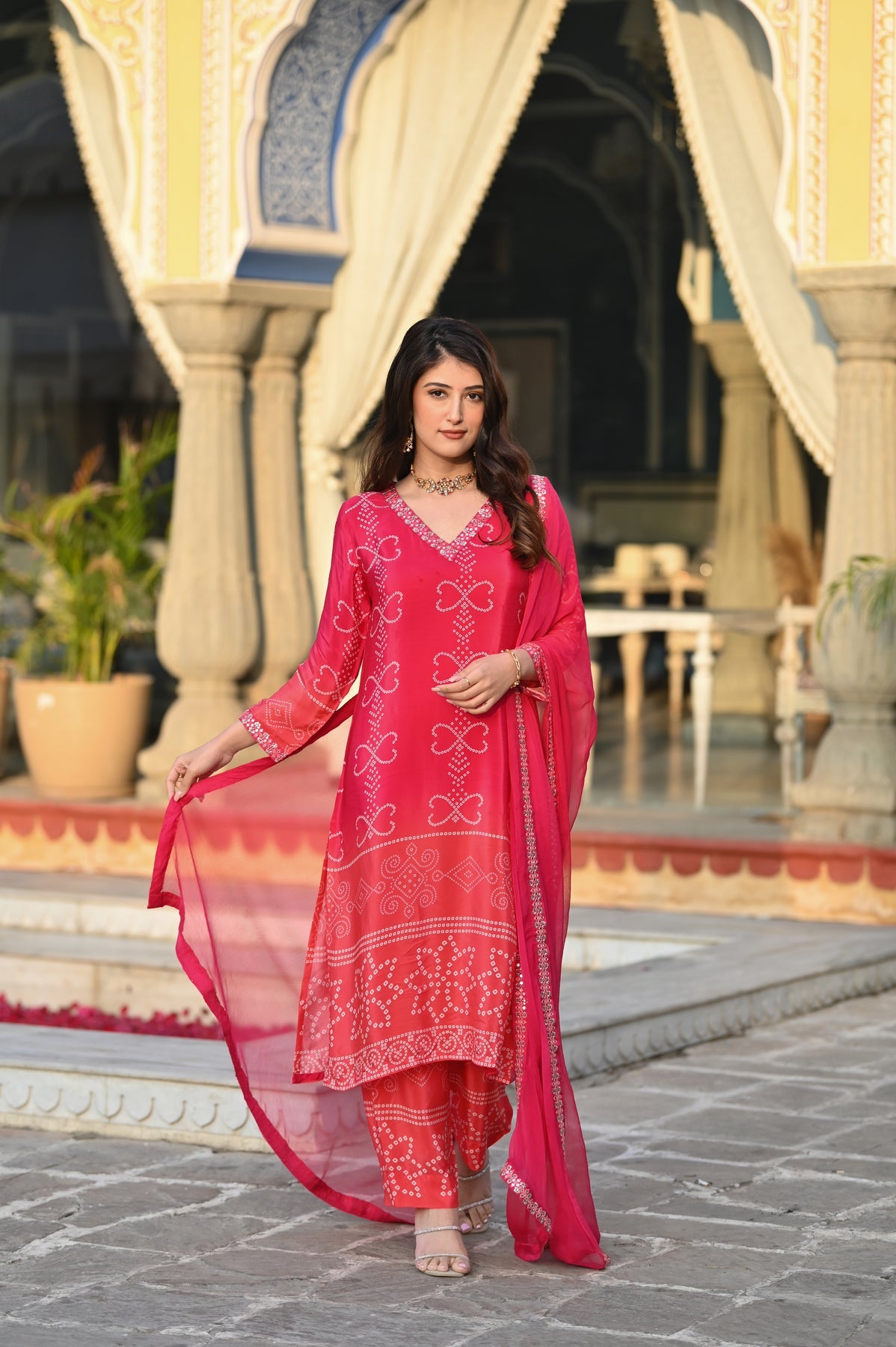 Elegant Teal Blue Chinnon Silk Embroidered Suit Set with Nazmeen Dupatta