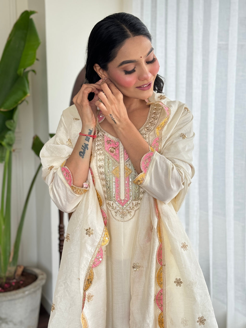 Ivory Viscose Embroidered Suit Set with Chanderi Dupatta