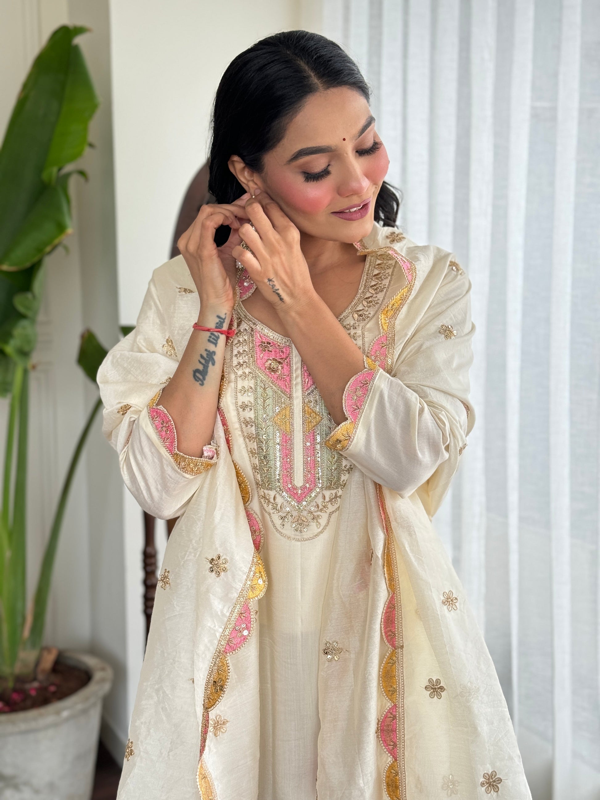 Ivory Viscose Embroidered Suit Set with Chanderi Dupatta