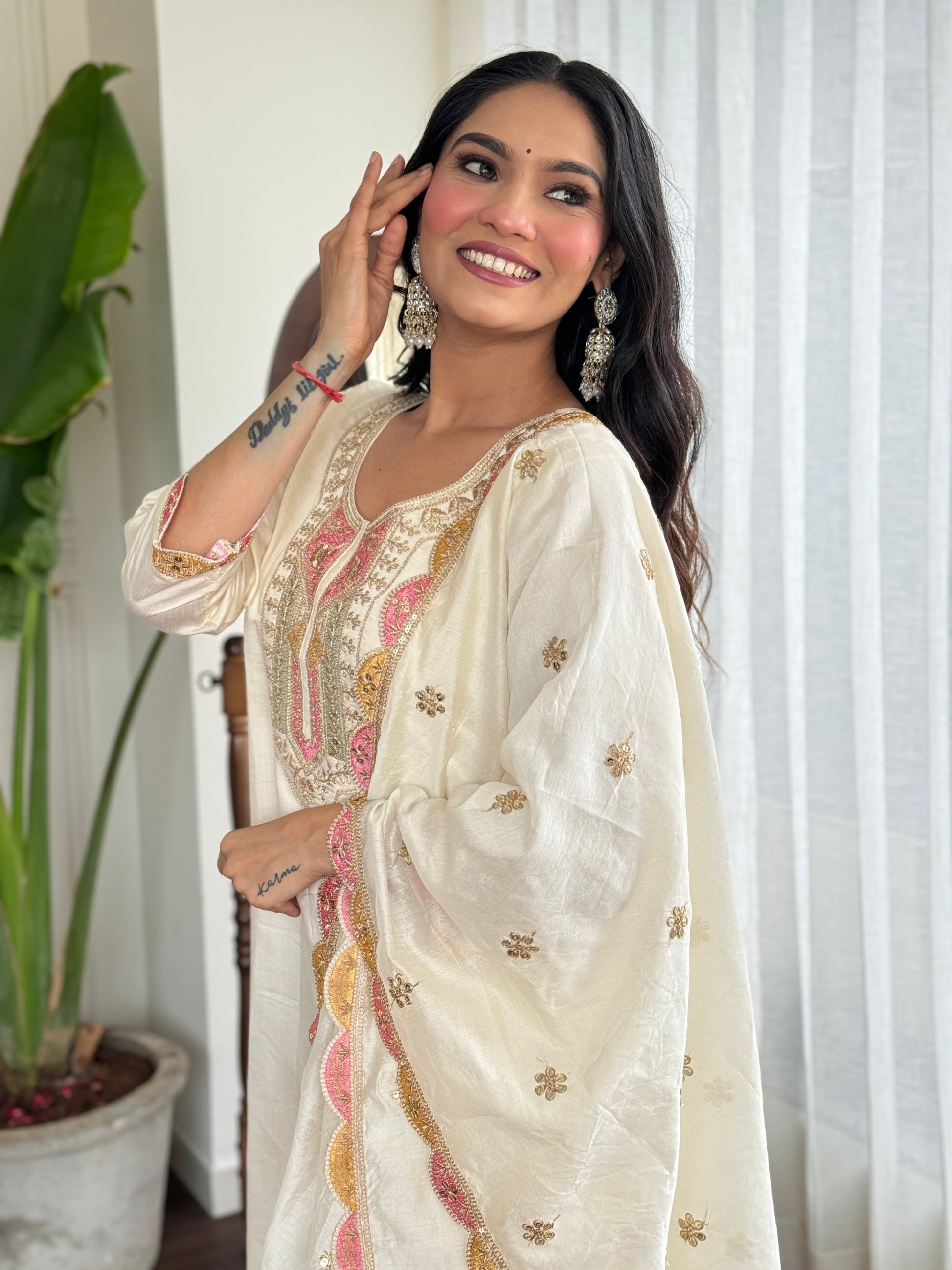 Ivory Viscose Embroidered Suit Set with Chanderi Dupatta