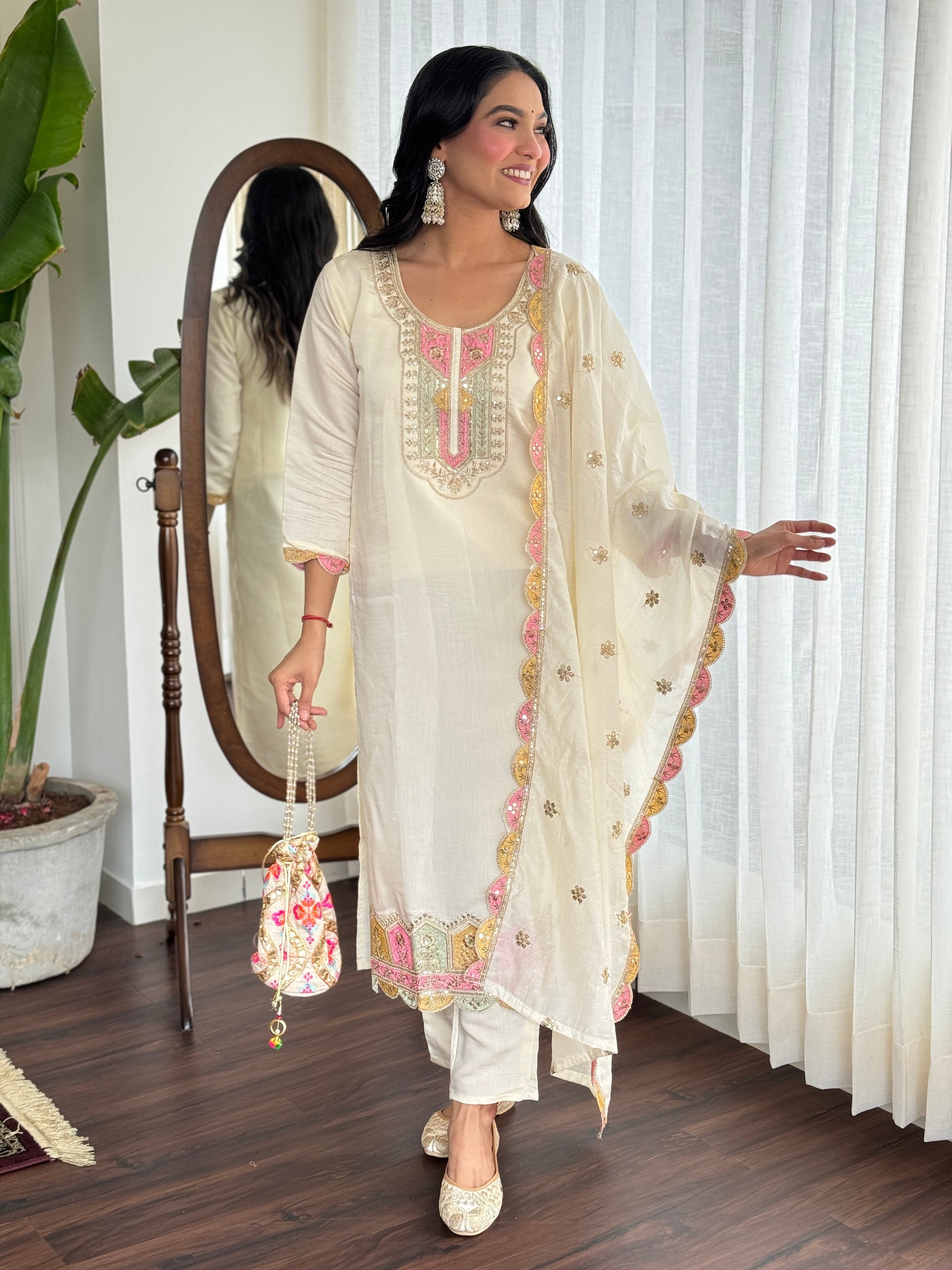 Ivory Viscose Embroidered Suit Set with Chanderi Dupatta