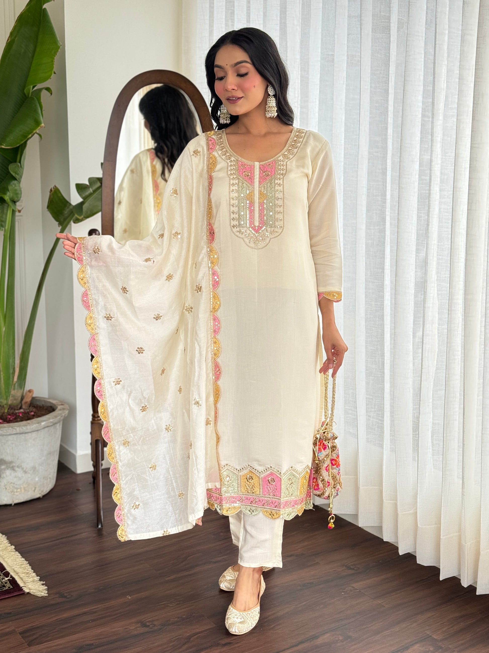 Ivory Viscose Embroidered Suit Set with Chanderi Dupatta