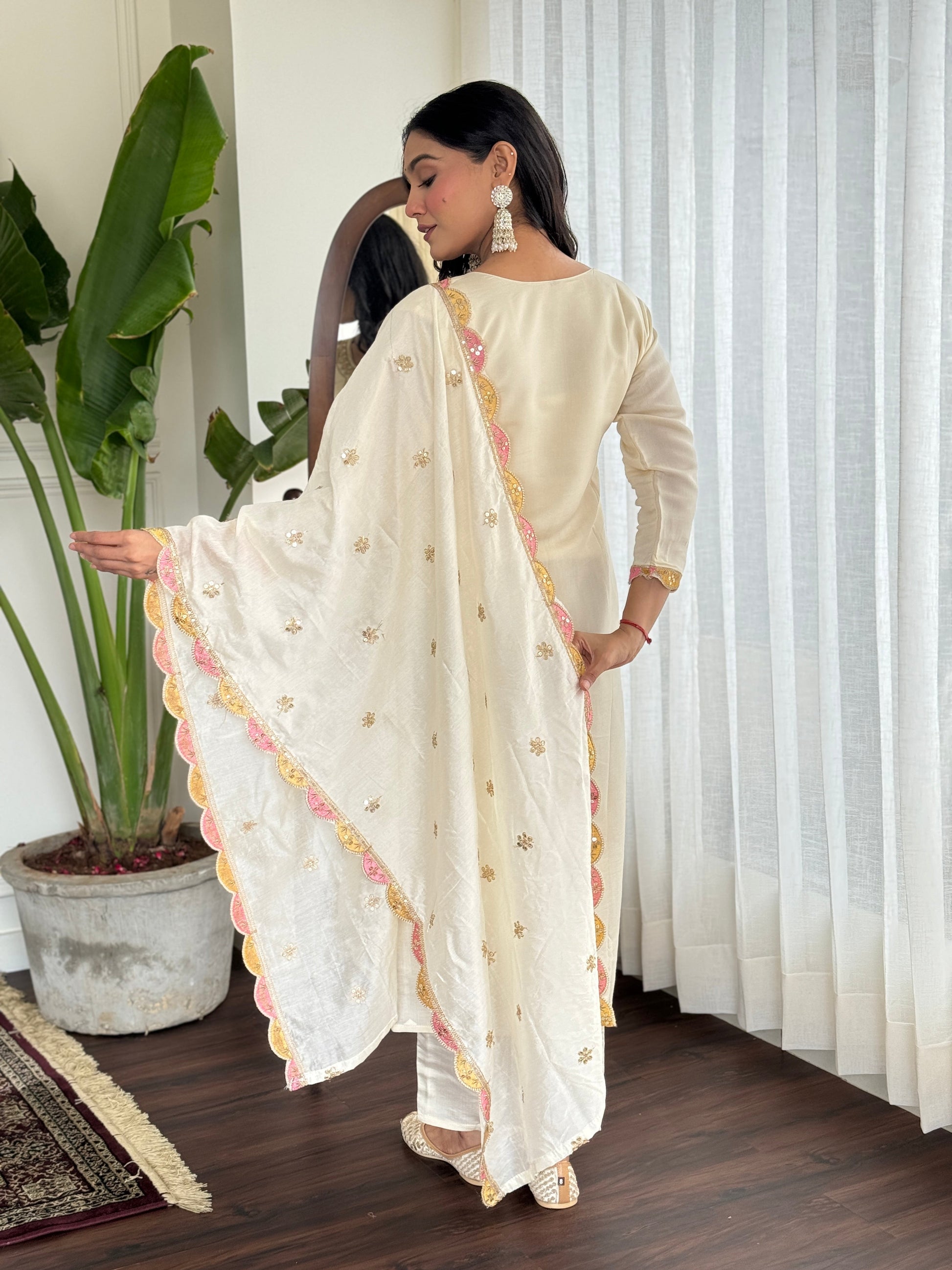 Ivory Viscose Embroidered Suit Set with Chanderi Dupatta