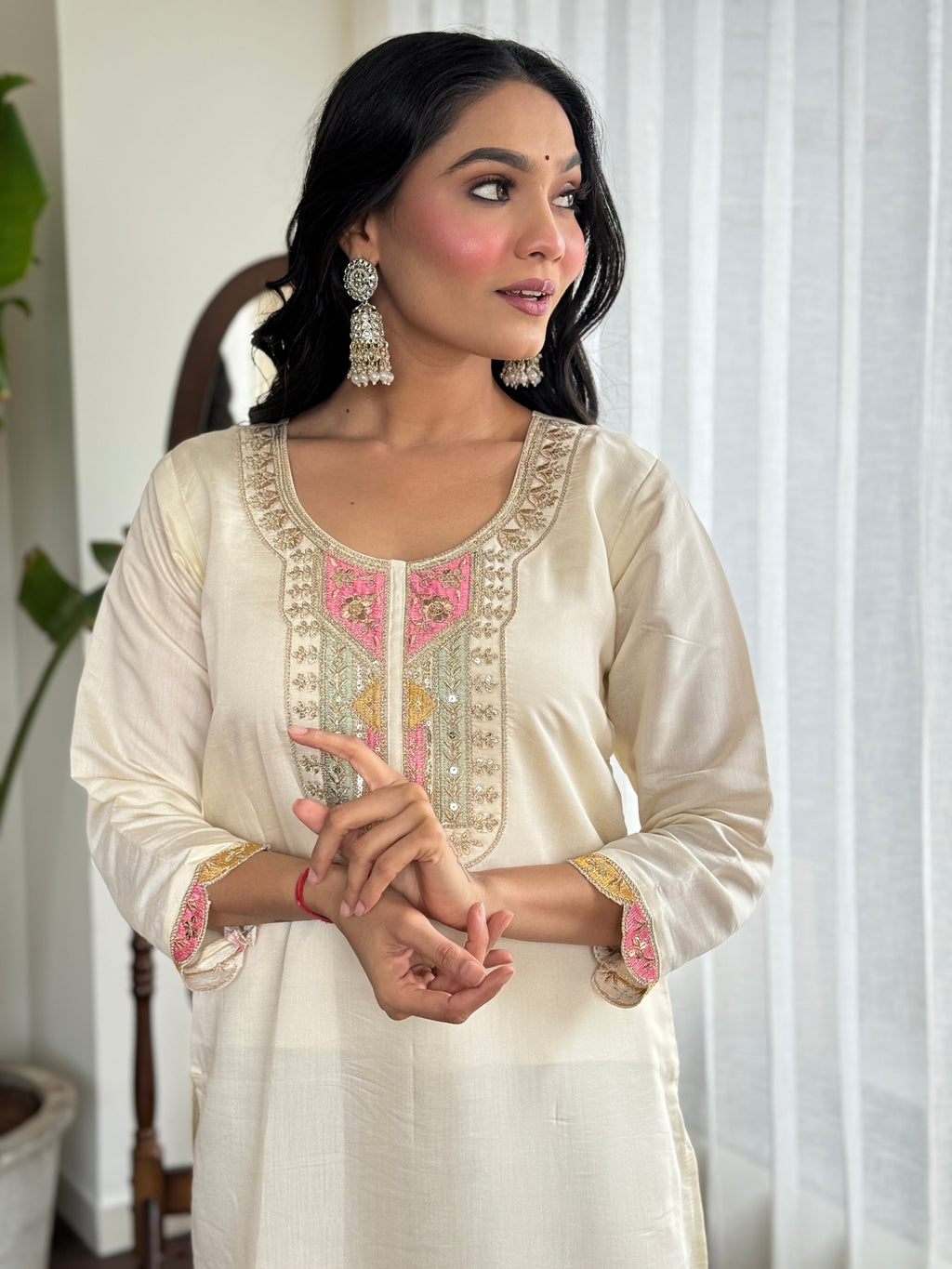 Ivory Viscose Embroidered Suit Set with Chanderi Dupatta