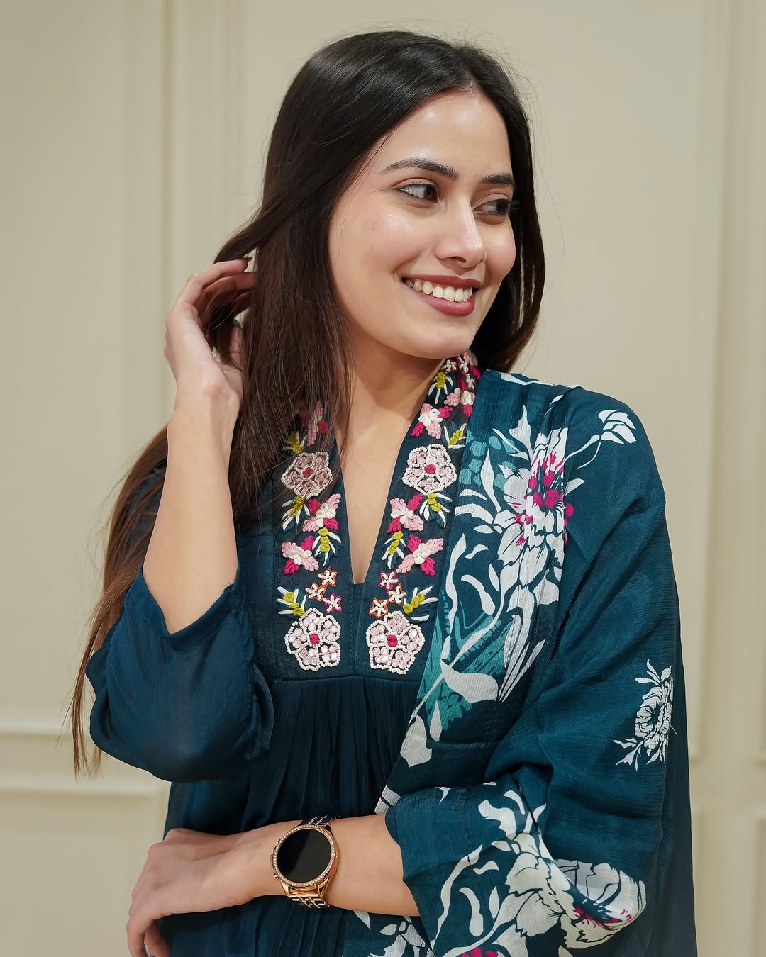 Teal Blue Chinnon Flared Embroidered Suit Set with Floral Dupatta