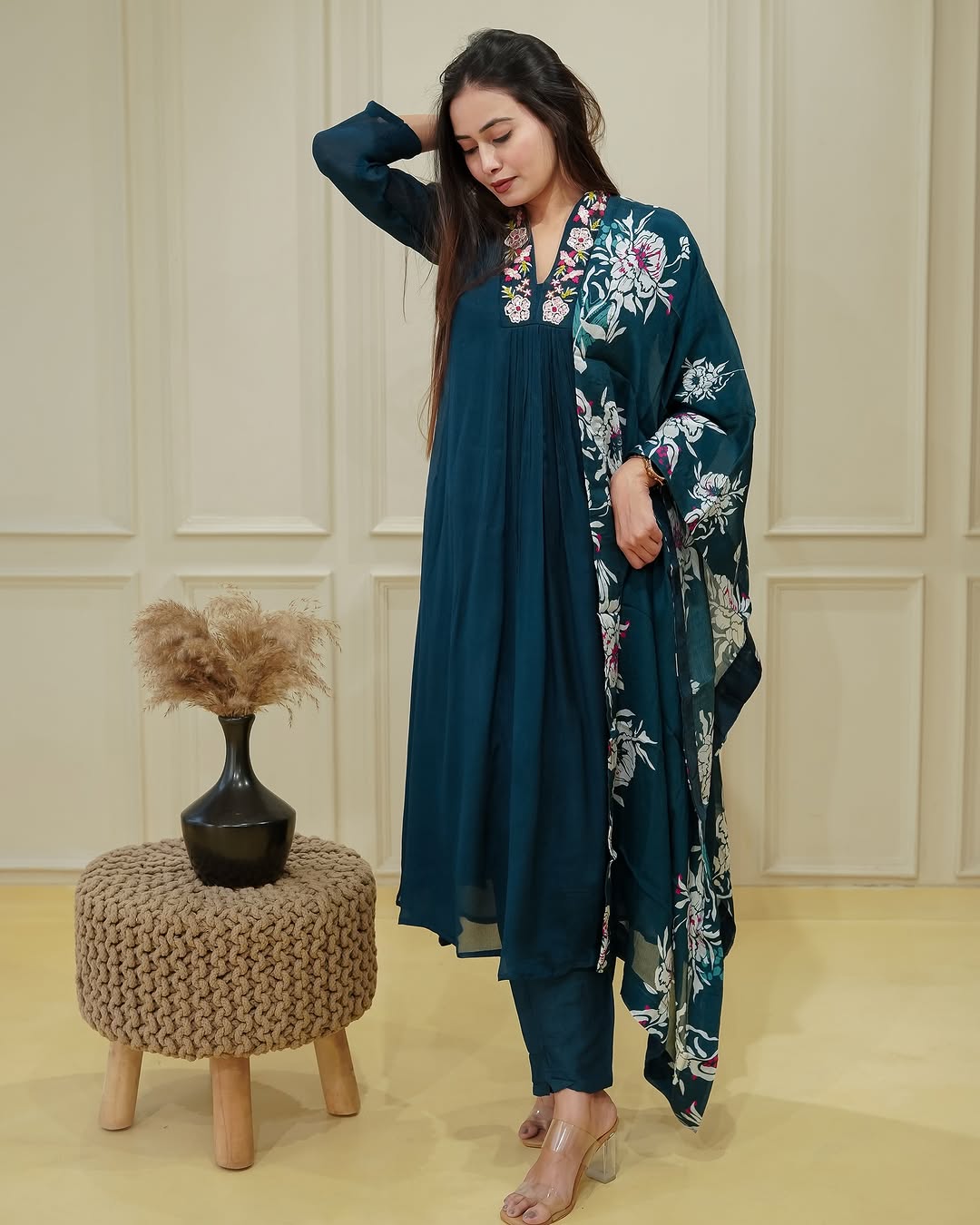 Teal Blue Chinnon Flared Embroidered Suit Set with Floral Dupatta