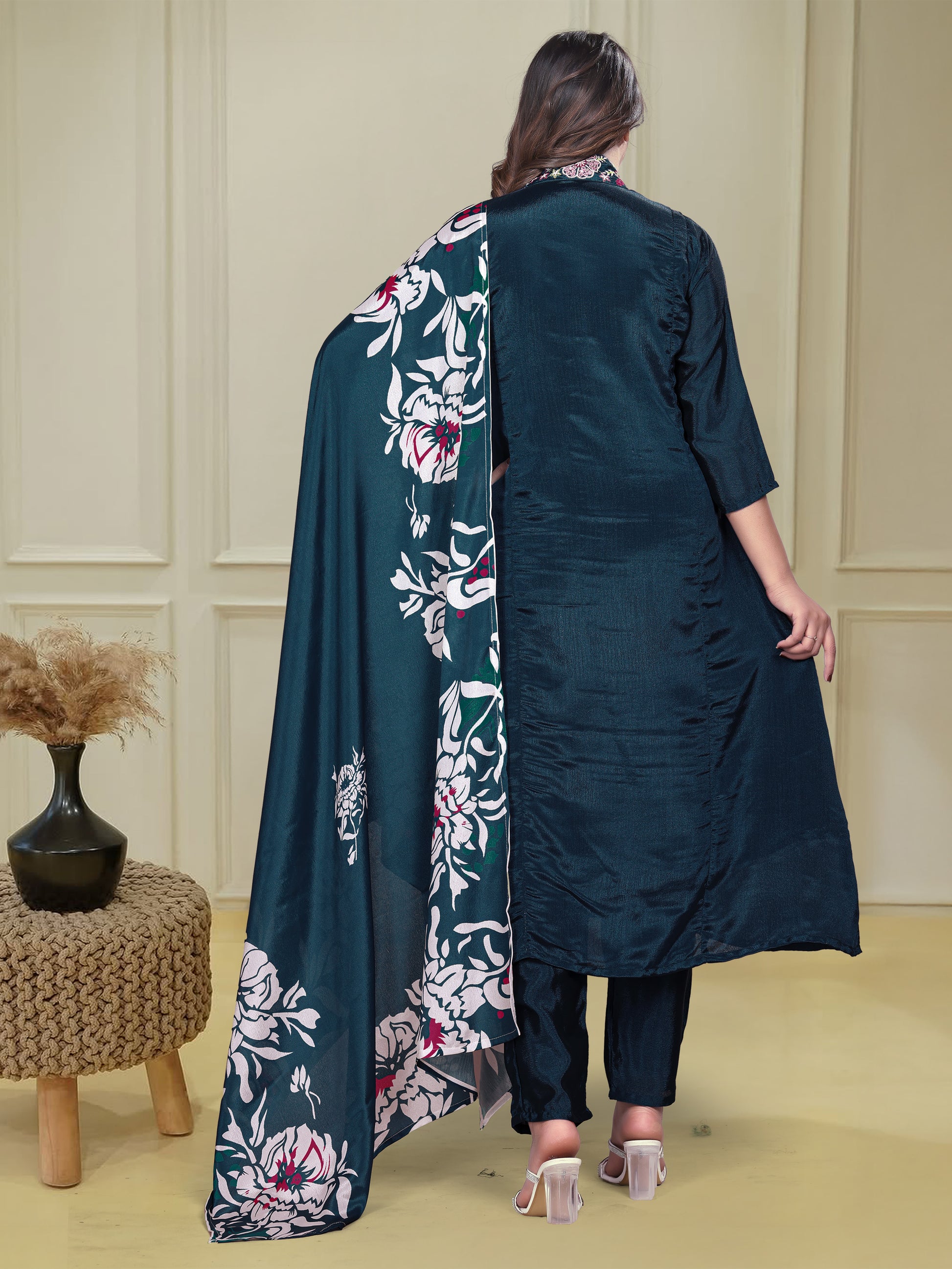 Teal Blue Chinnon Flared Embroidered Suit Set with Floral Dupatta